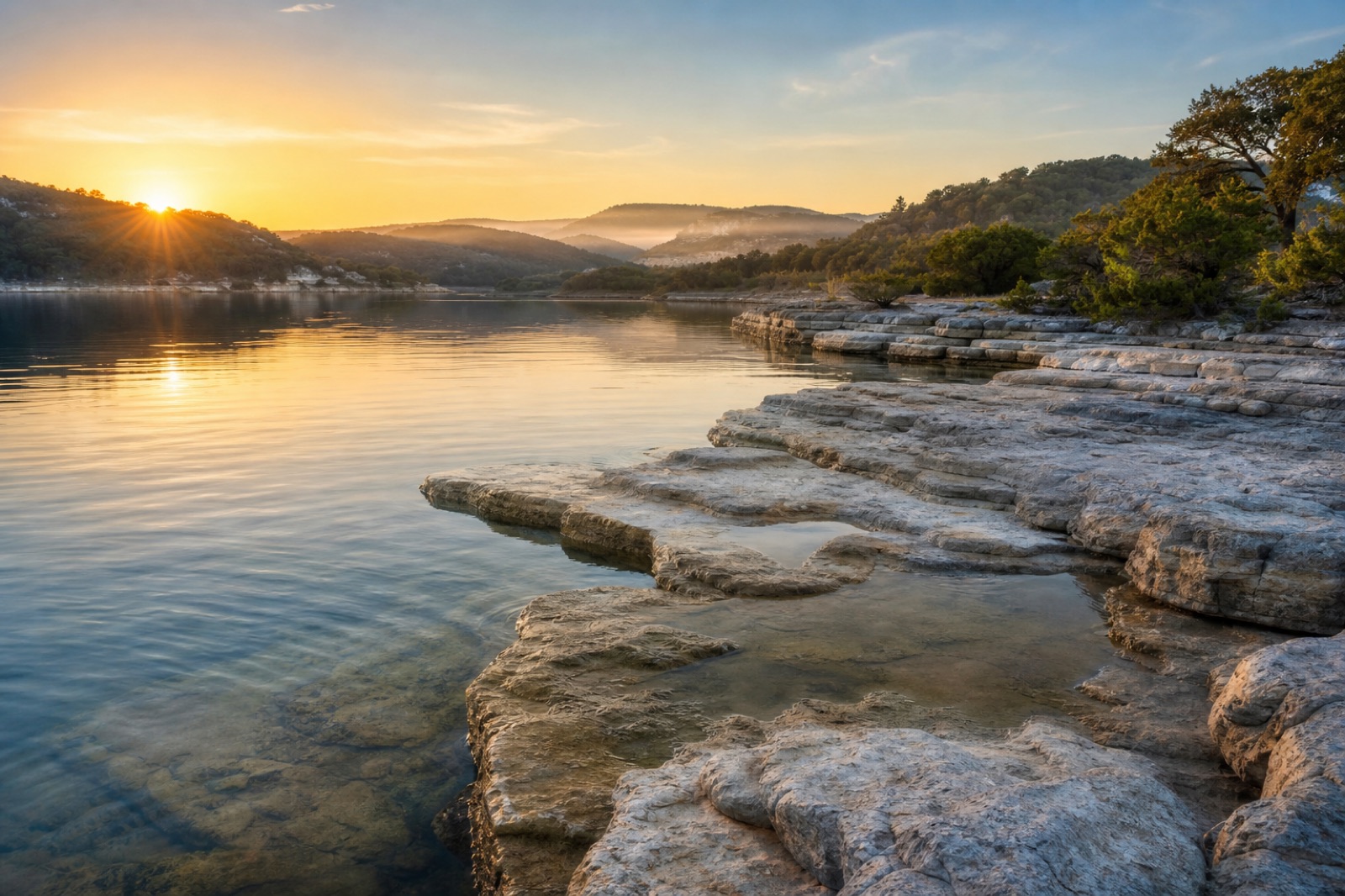 Sunrise over a calm lake with smooth limestone ledges along the shore and hills in the distance