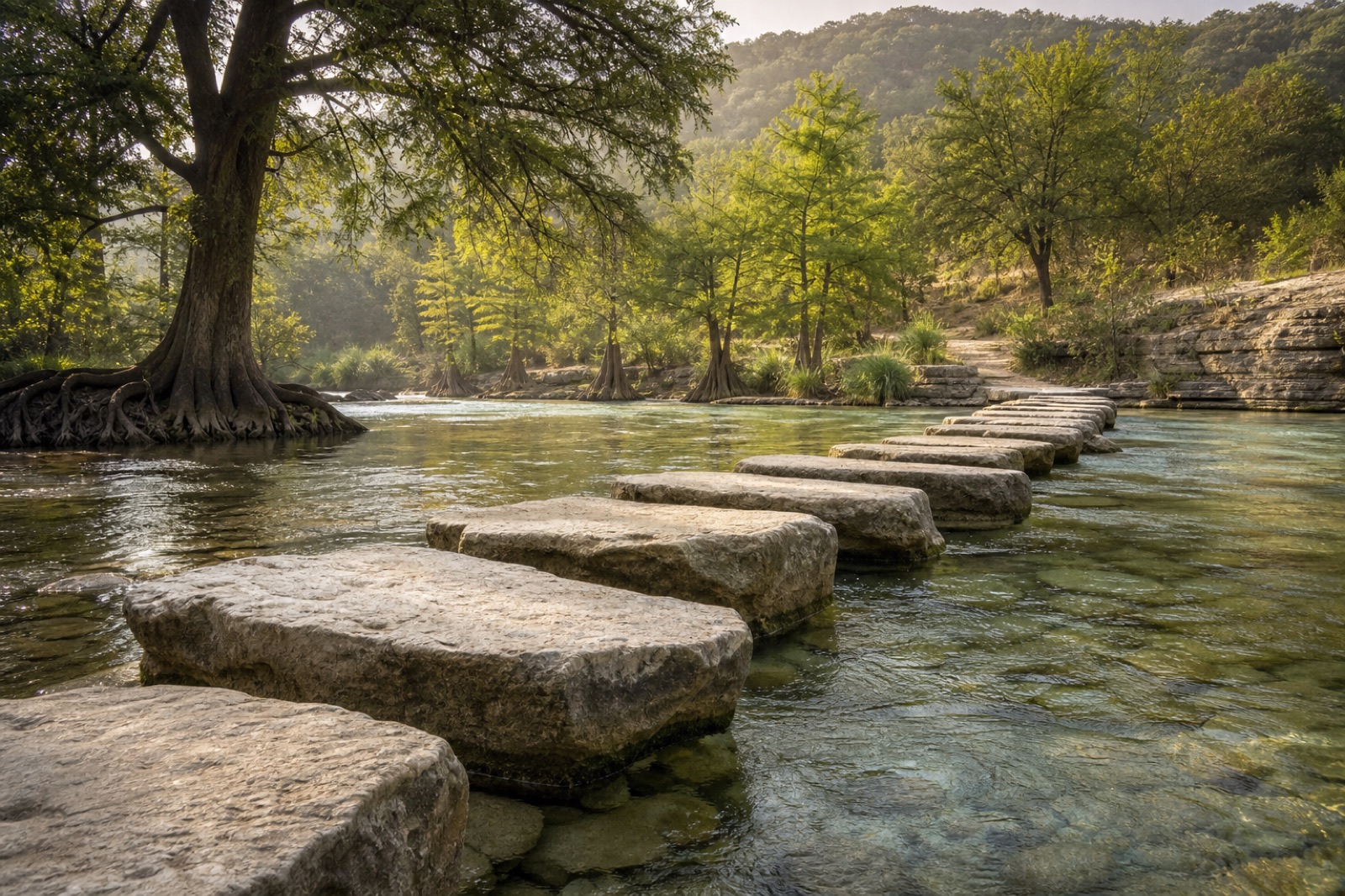 Flat stepping stones crossing a shallow, clear river toward a green, tree covered hillside