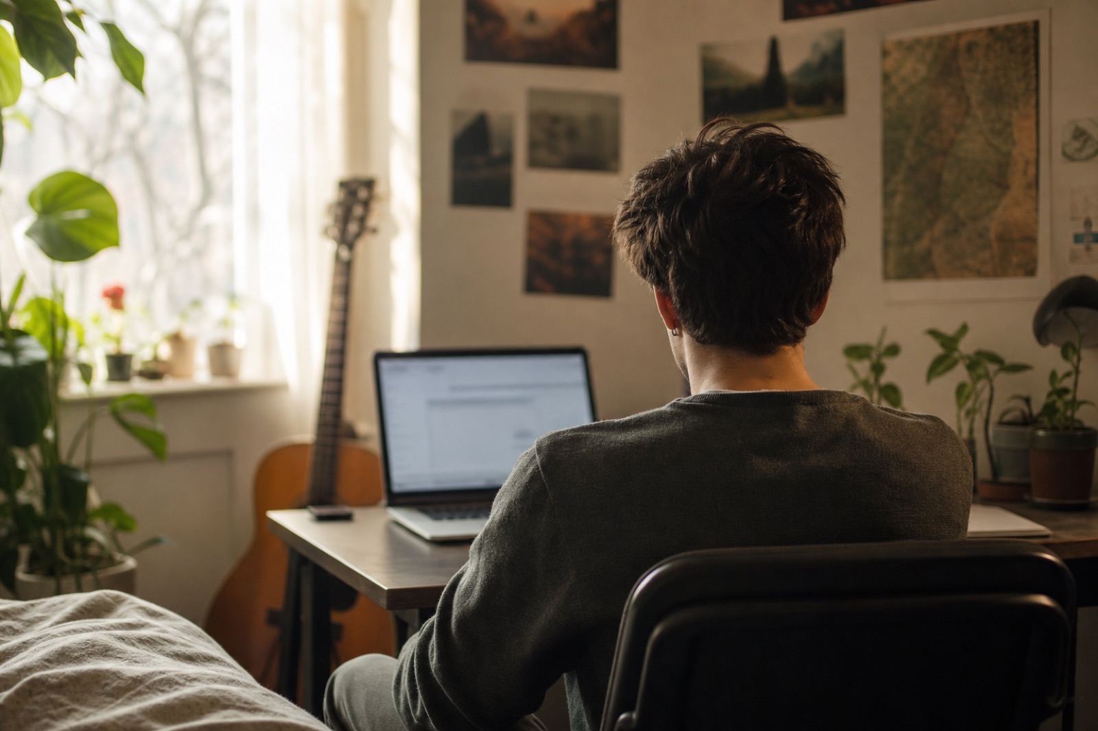 A young man seen from behind sitting at a laptop in a bright room with plants and a guitar