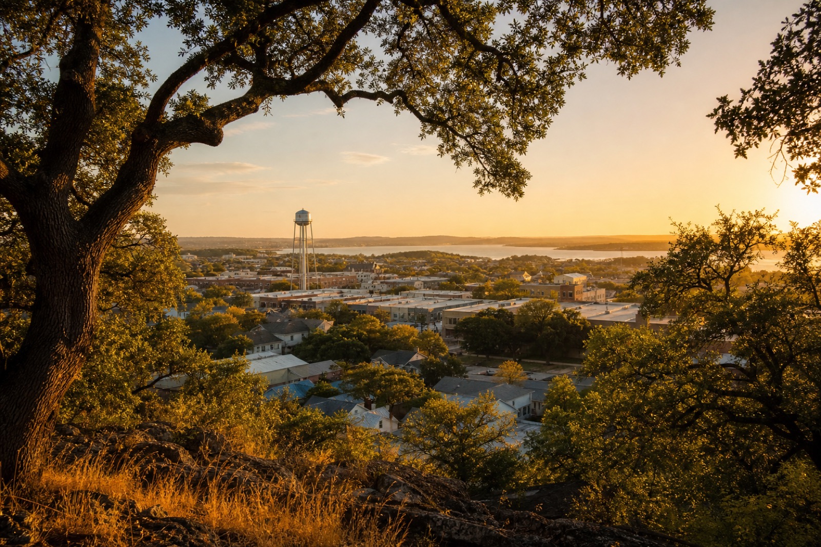 A small Texas town with a water tower at golden hour, framed by an oak tree, with a lake in the distance