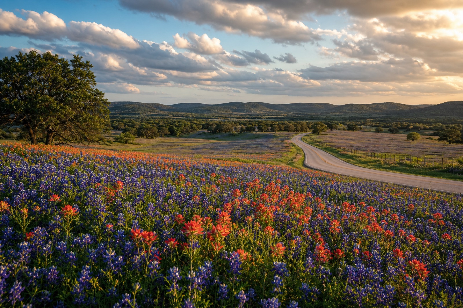 A field of bluebonnets and red wildflowers beside a winding country road under evening clouds