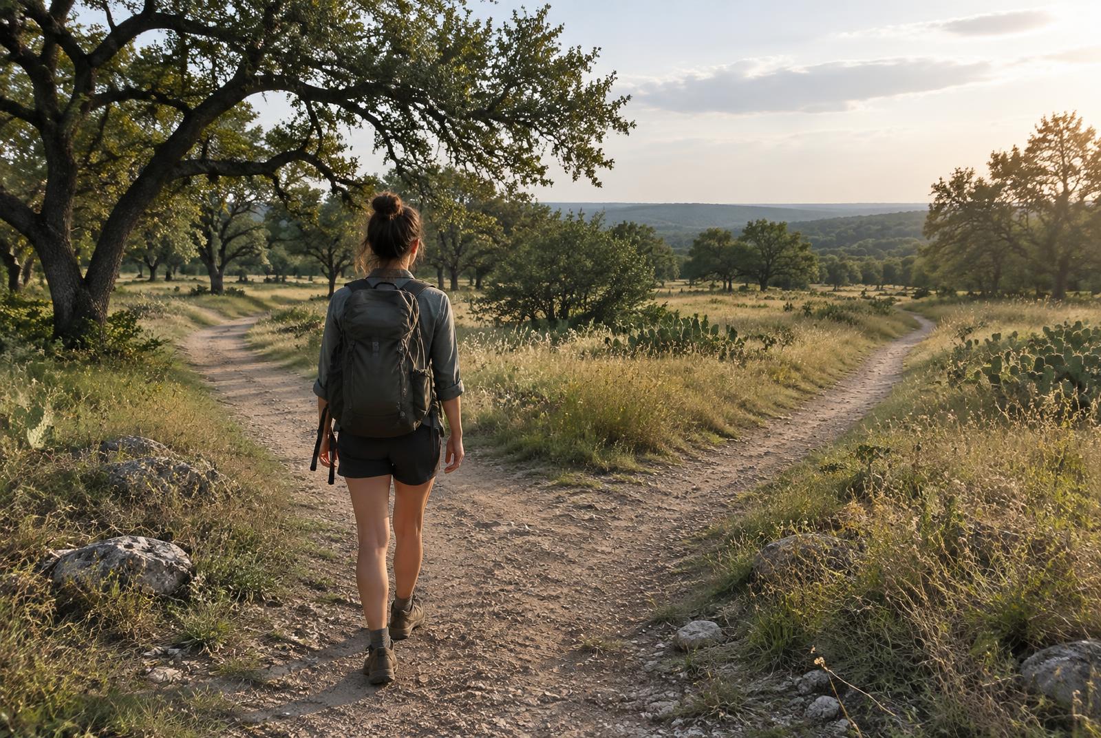 An adult walking toward two paths in a sunlit meadow