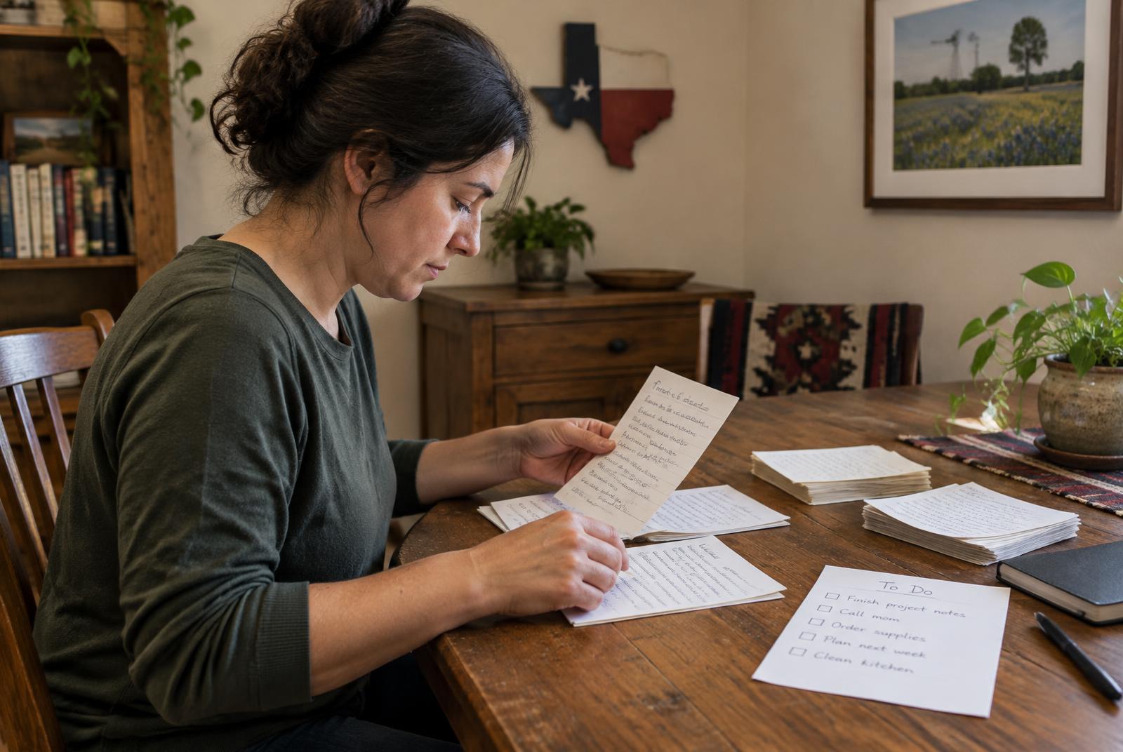 An adult sorting handwritten notes at a kitchen table