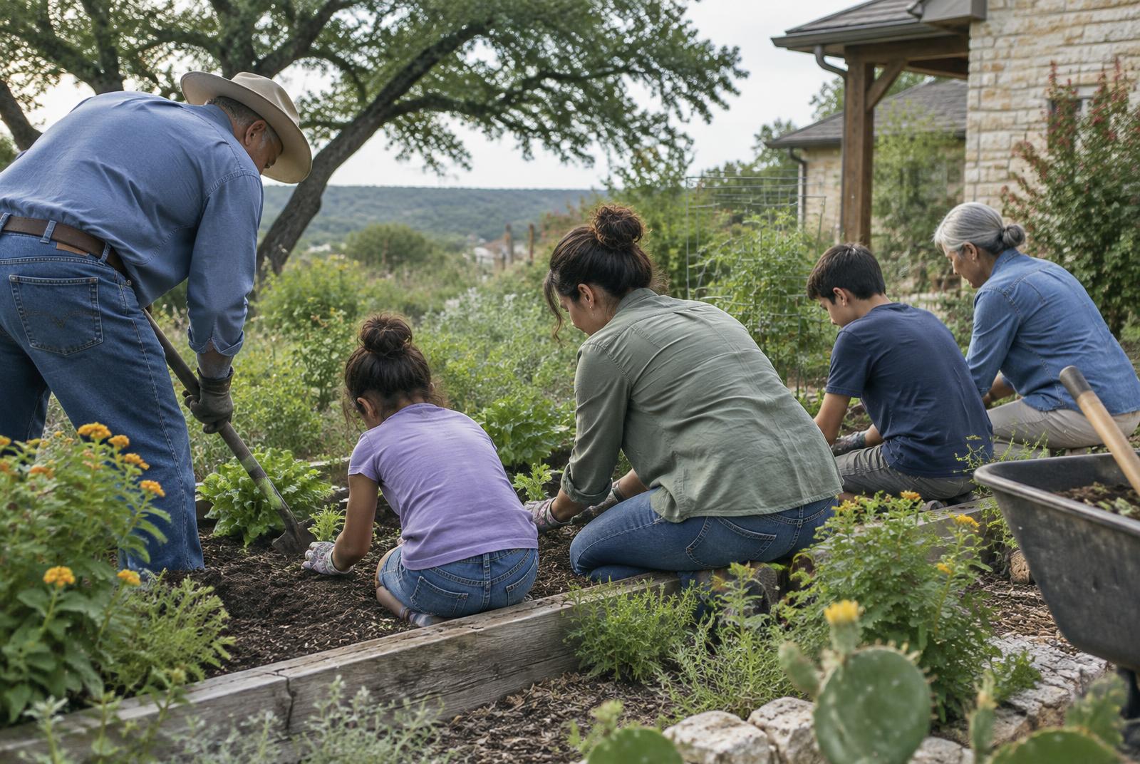 Several generations tending a garden together outside a home