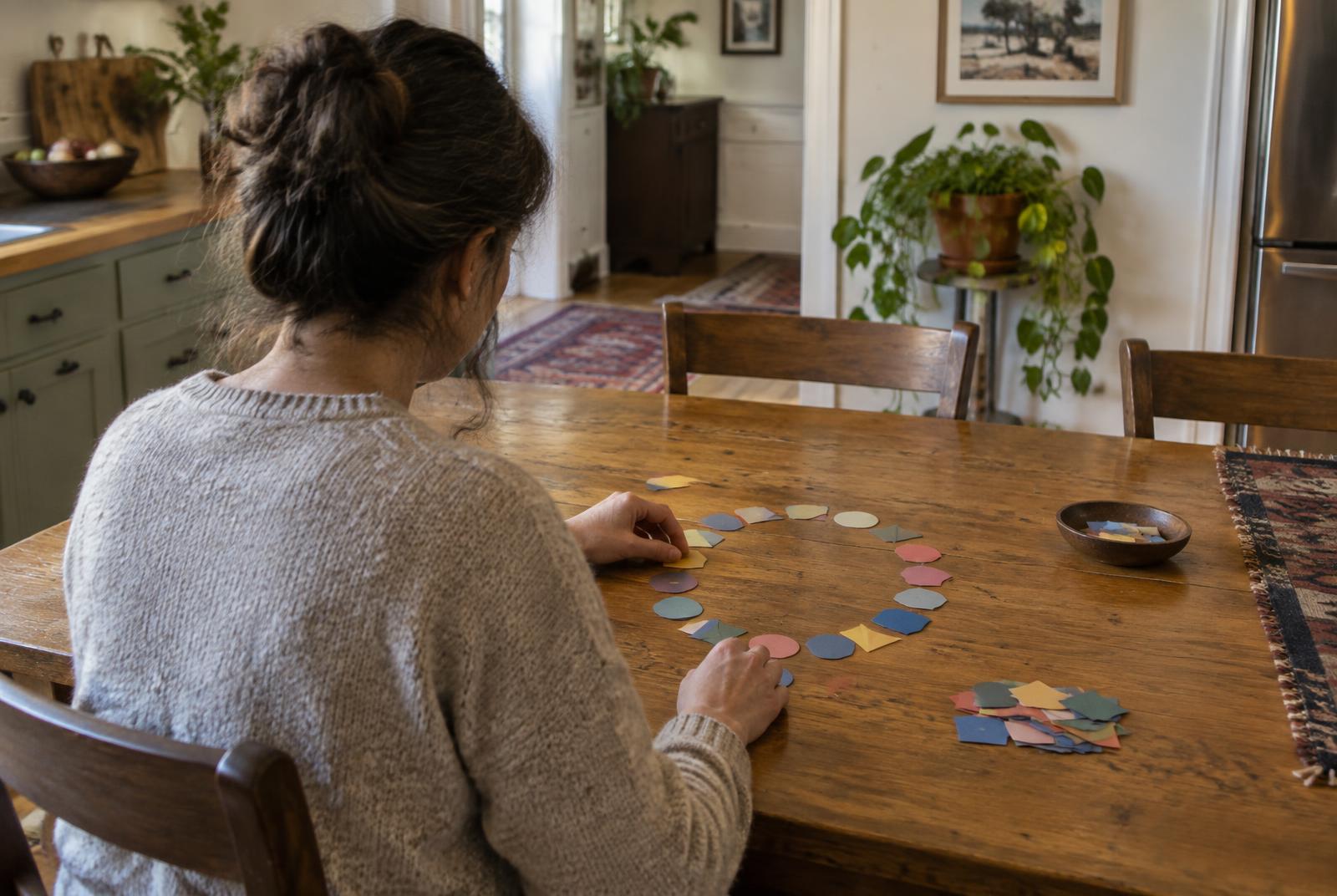 An adult arranging colored paper shapes around a table
