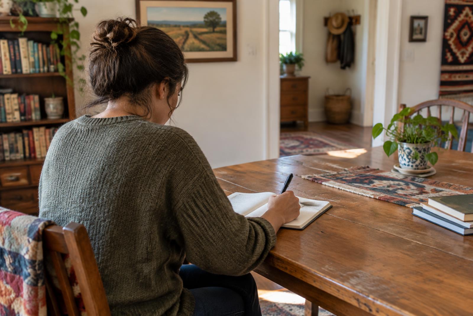An adult writing in a notebook at a wooden table