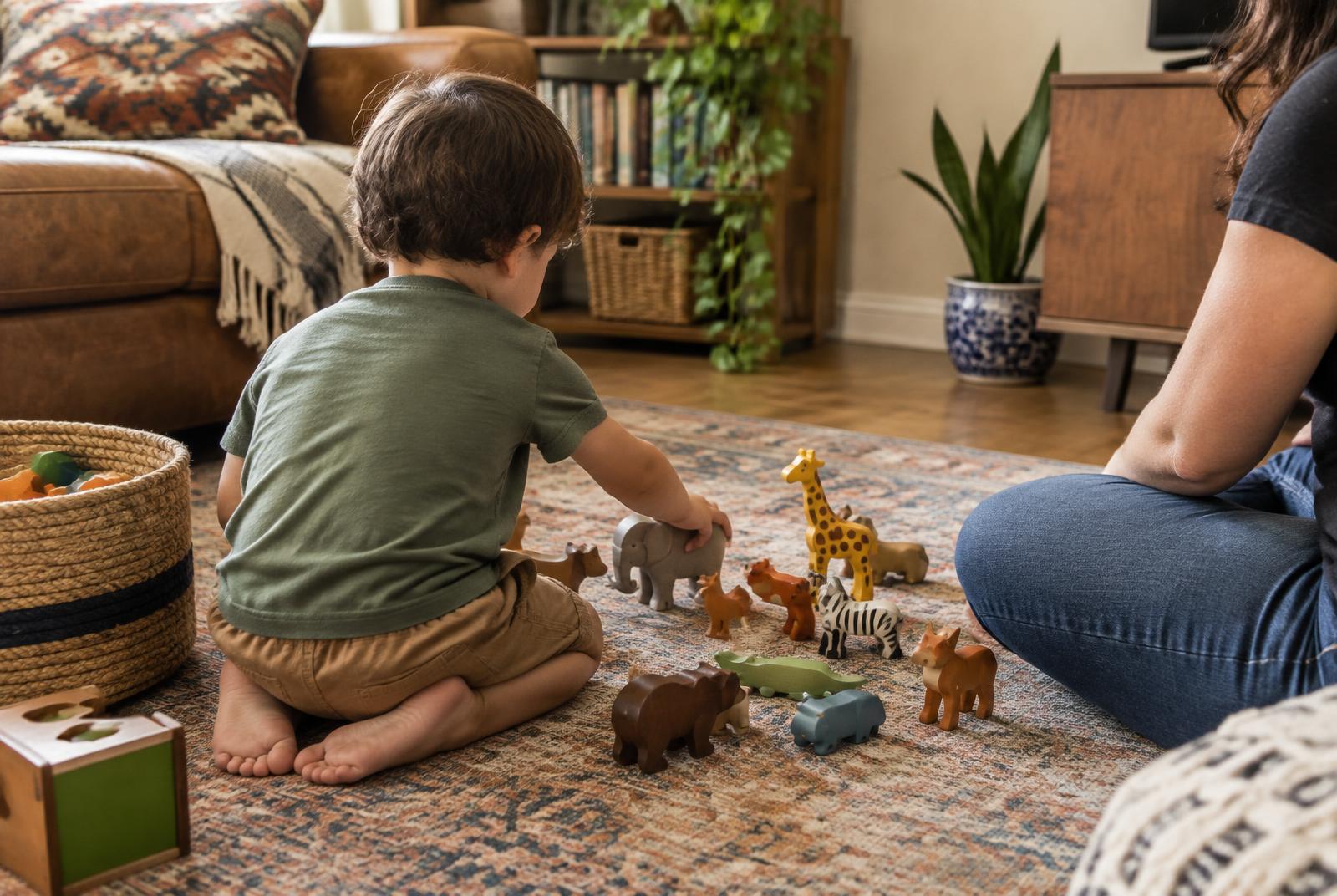 A child arranging wooden animal toys on a rug beside an adult