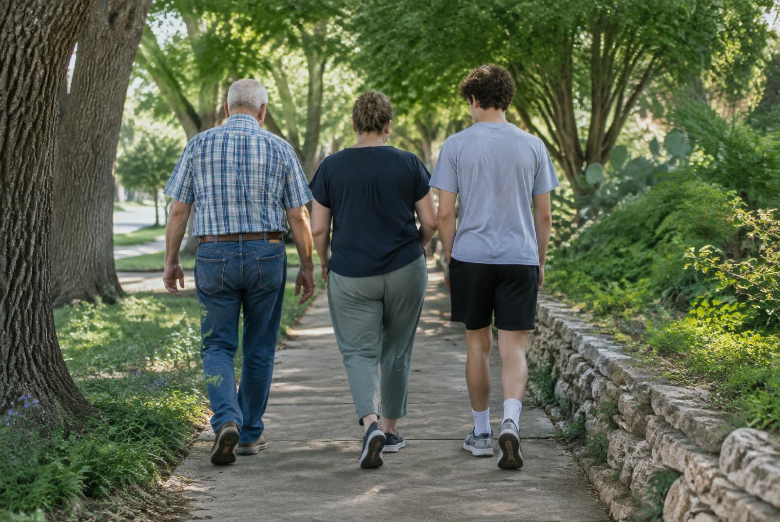 Three generations walking together on a shaded path