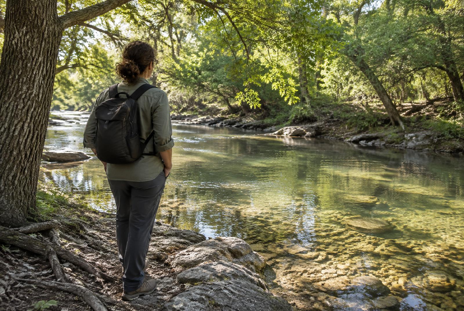 An adult pausing beside a shallow creek beneath trees
