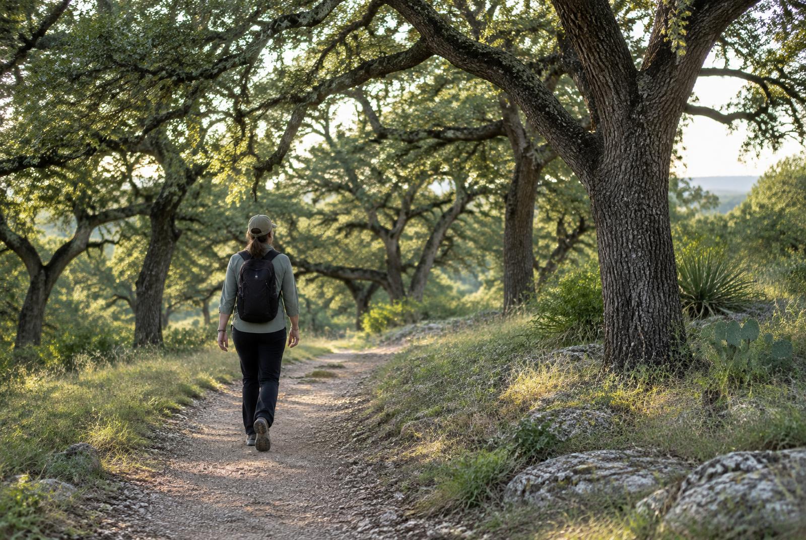 An adult walking alone on a quiet oak-lined trail