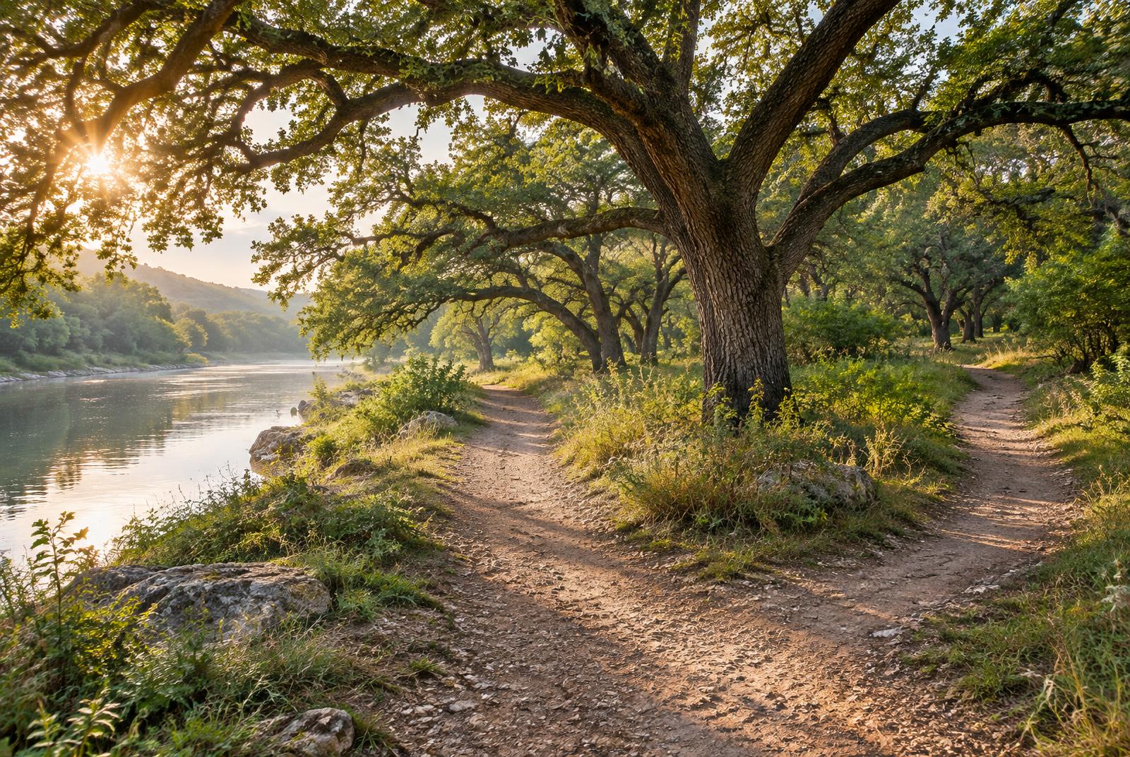 Two trails branching beside a Central Texas river beneath live oak trees