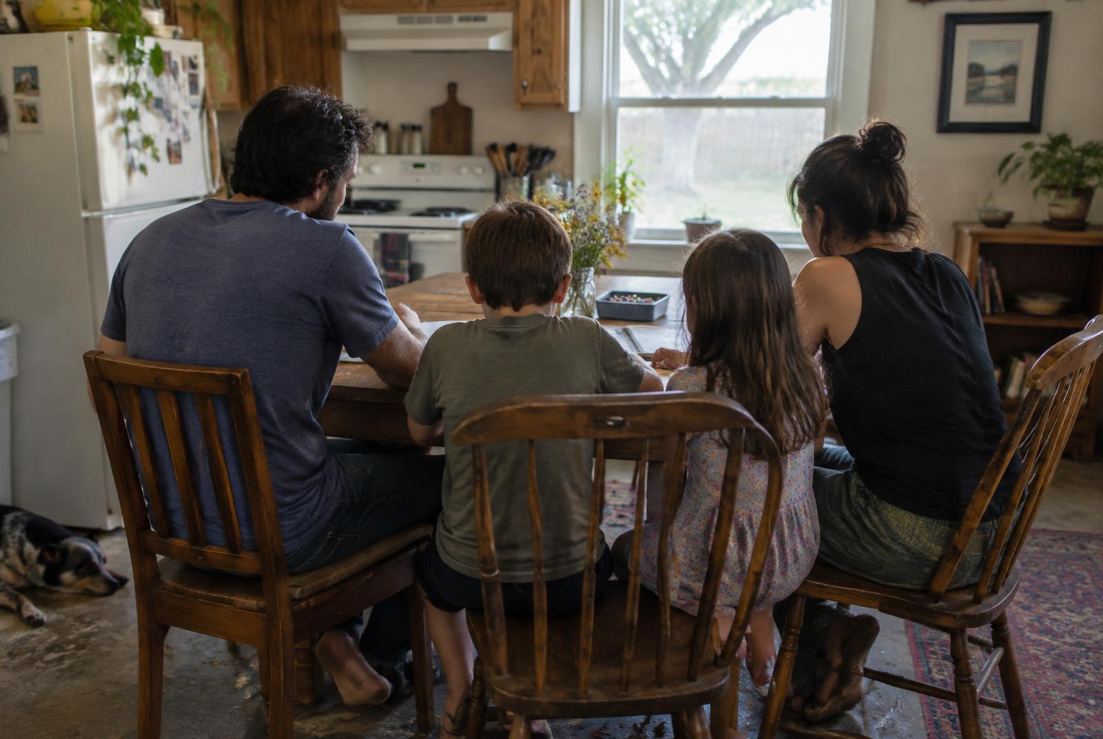 A family sitting together around a kitchen table at home
