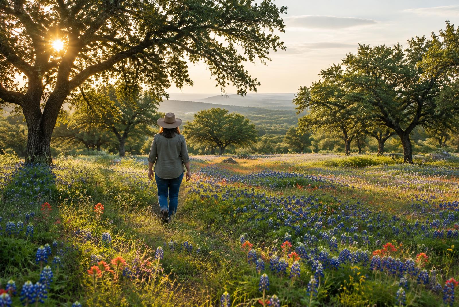 An adult walking through a Central Texas wildflower meadow