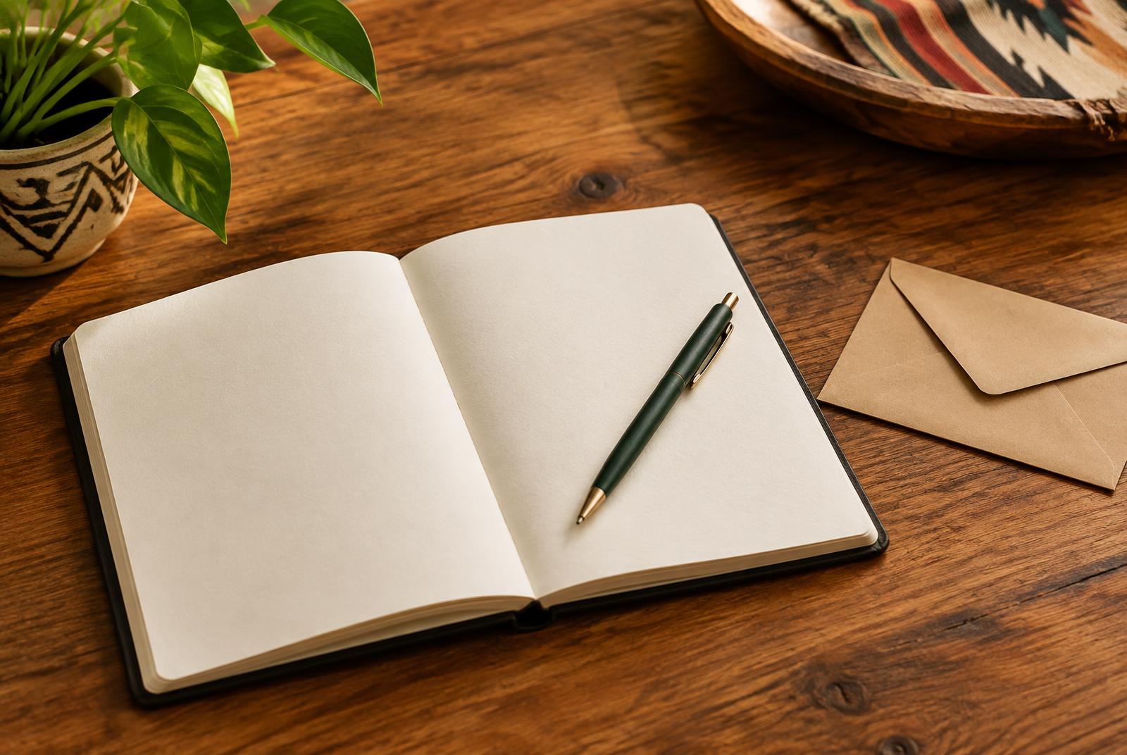 An open blank notebook, pen, and envelope on a wooden table