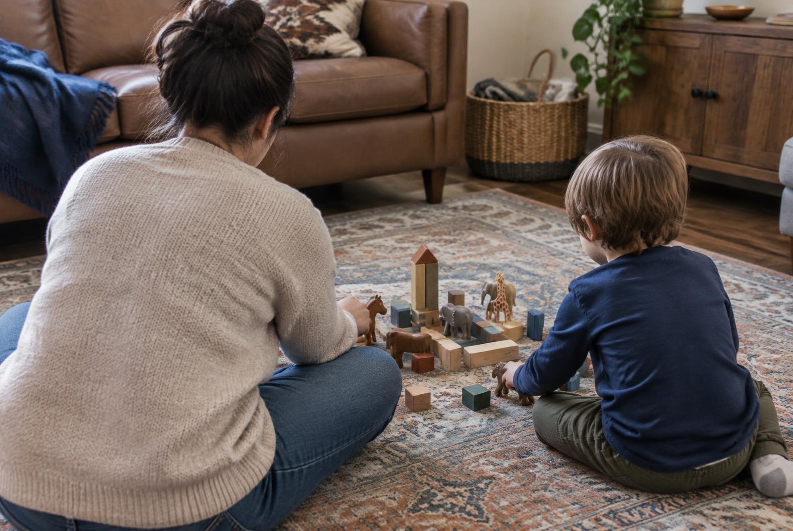 A child and adult arranging wooden animals on a living room rug