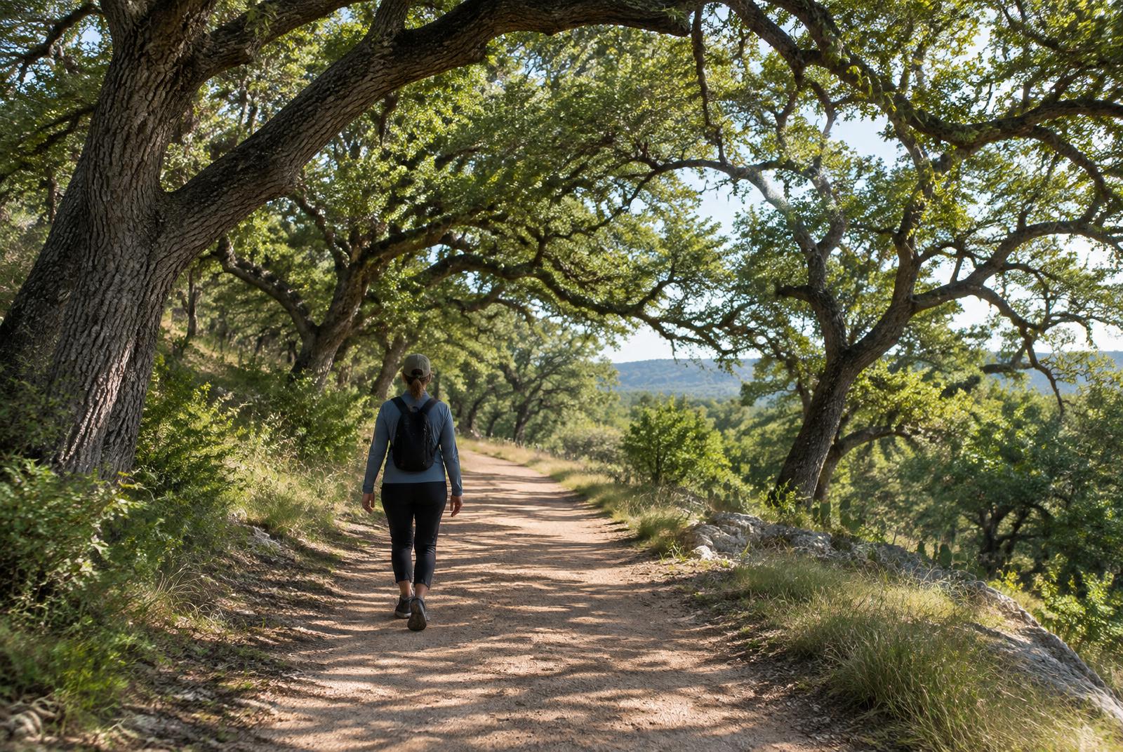 An adult walking away on a sunlit path beneath live oaks