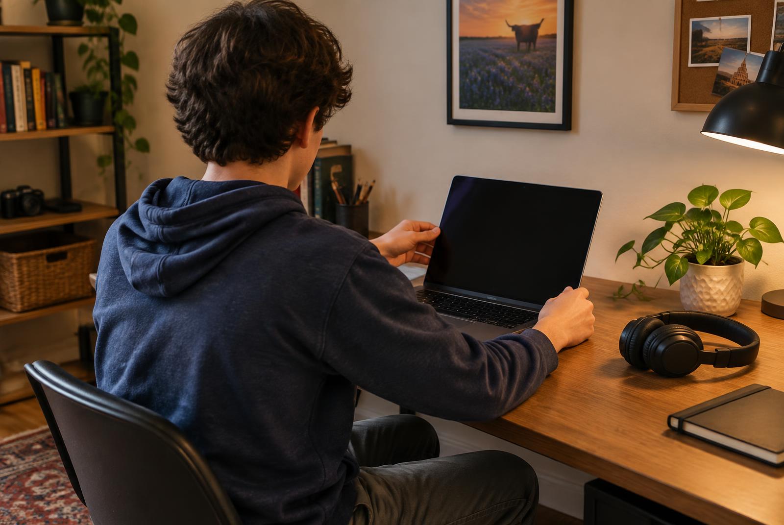 A teen preparing a laptop and headphones at a desk
