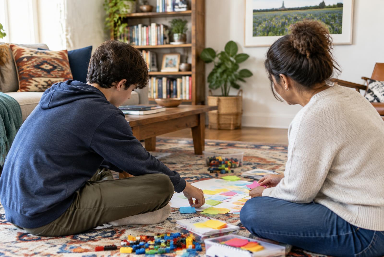 A teen and adult organizing colorful notes and building pieces on a living room rug