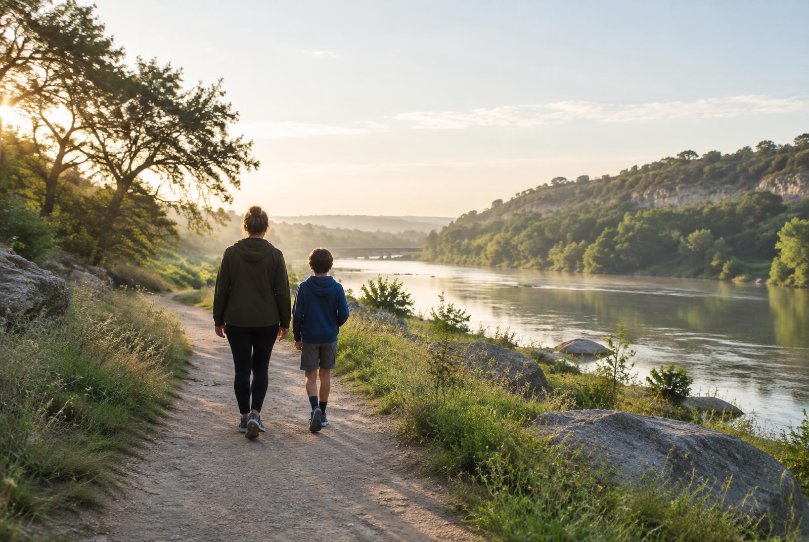 An adult and child walking beside a quiet Central Texas river in morning light
