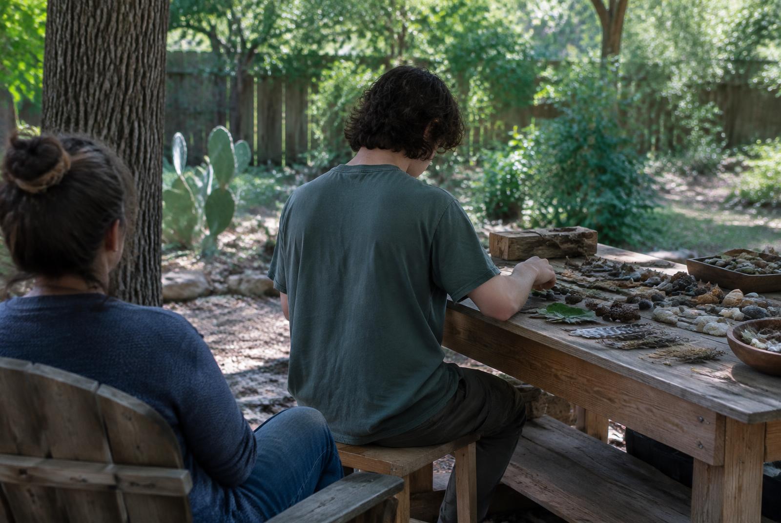 A young adult arranging a collection of natural objects at an outdoor table