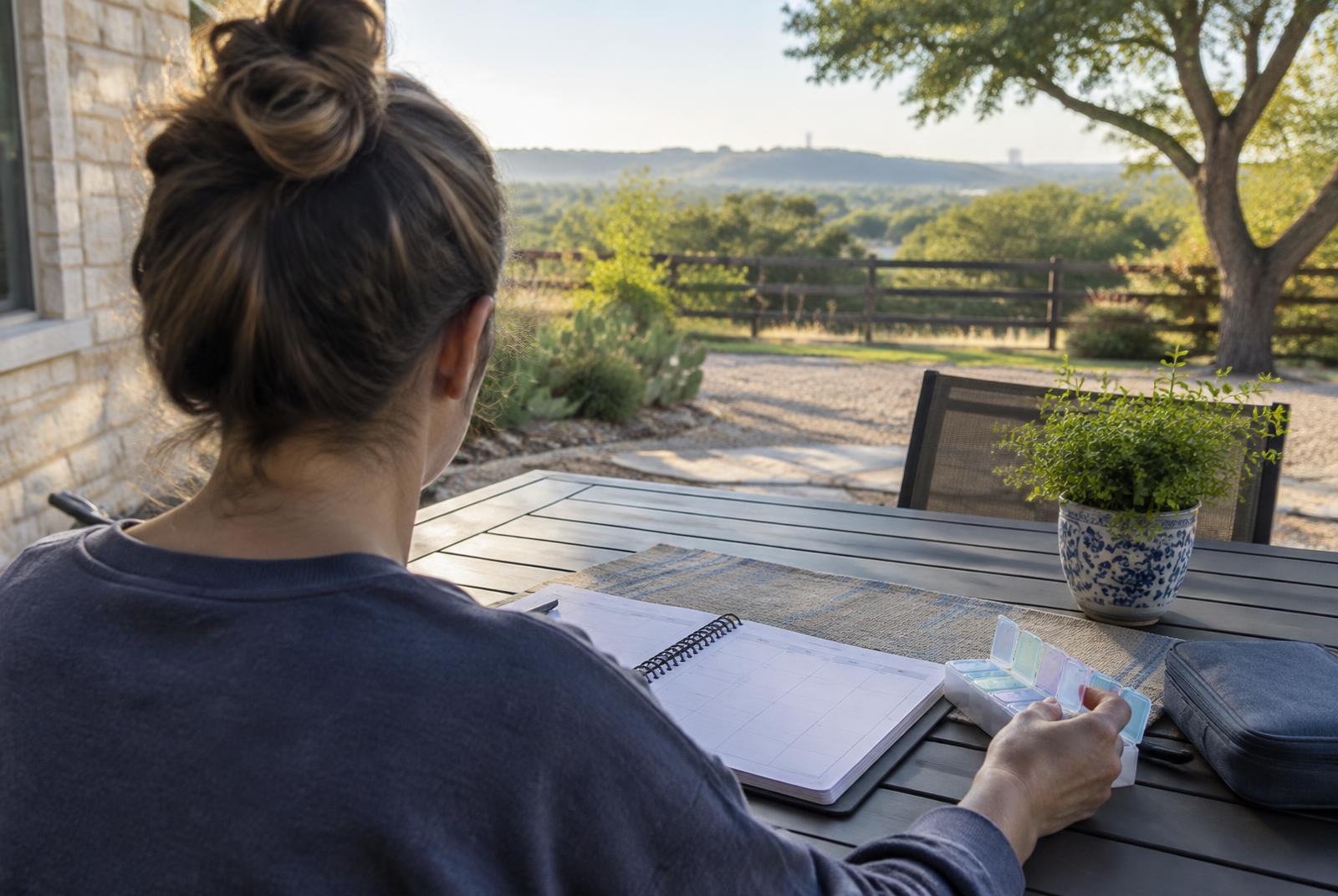 An adult organizing a weekly planner and medication case on an outdoor table