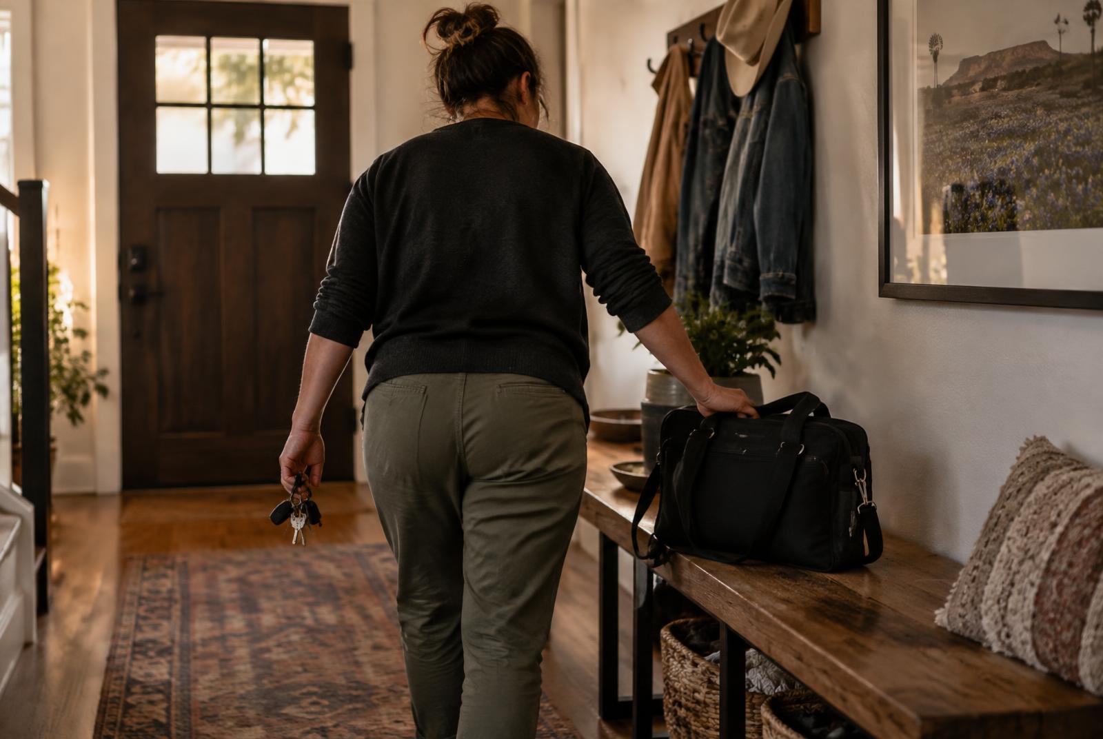 An adult setting down a full work bag in a warm home entryway