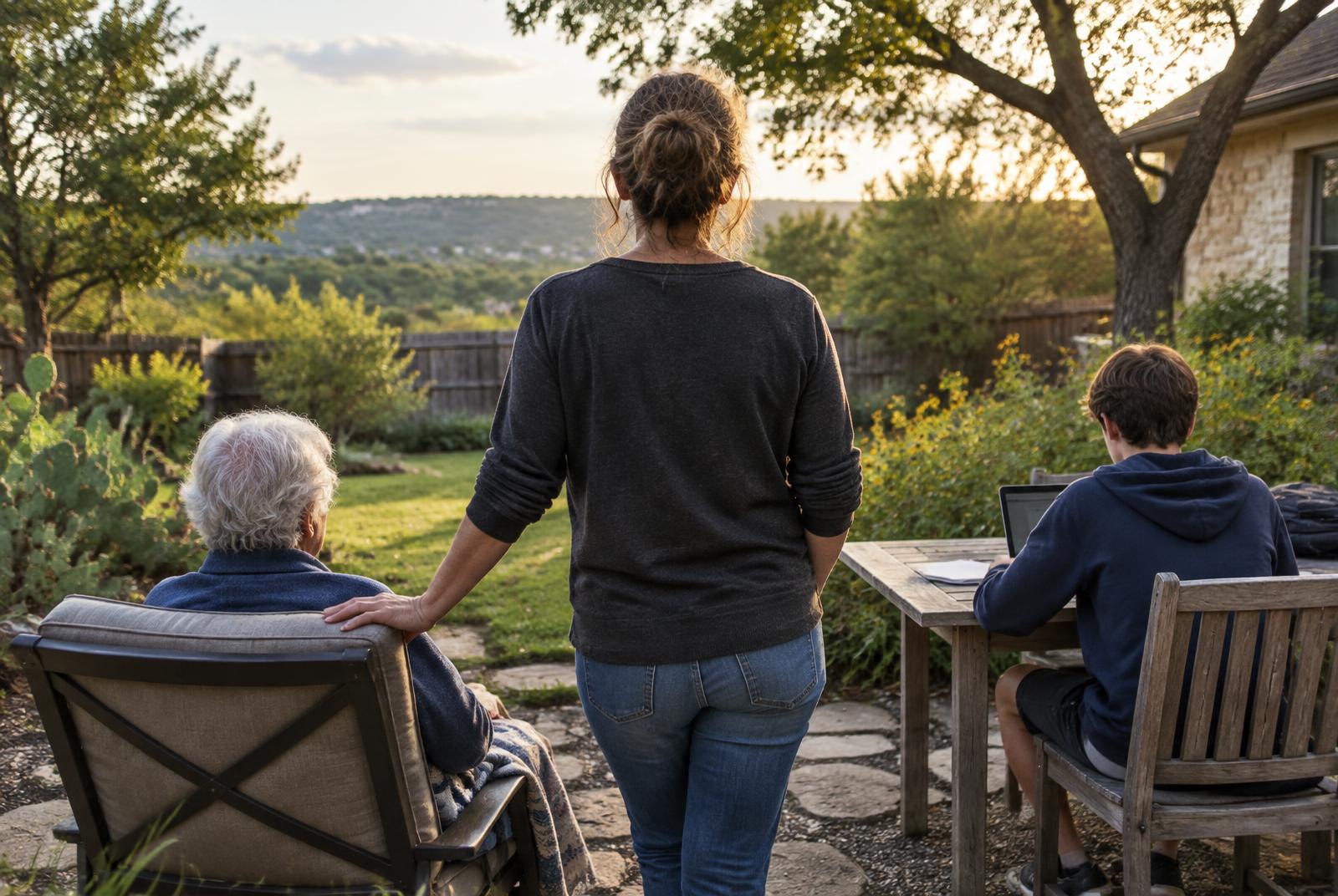 A woman standing between an older adult and a teen in a Central Texas backyard