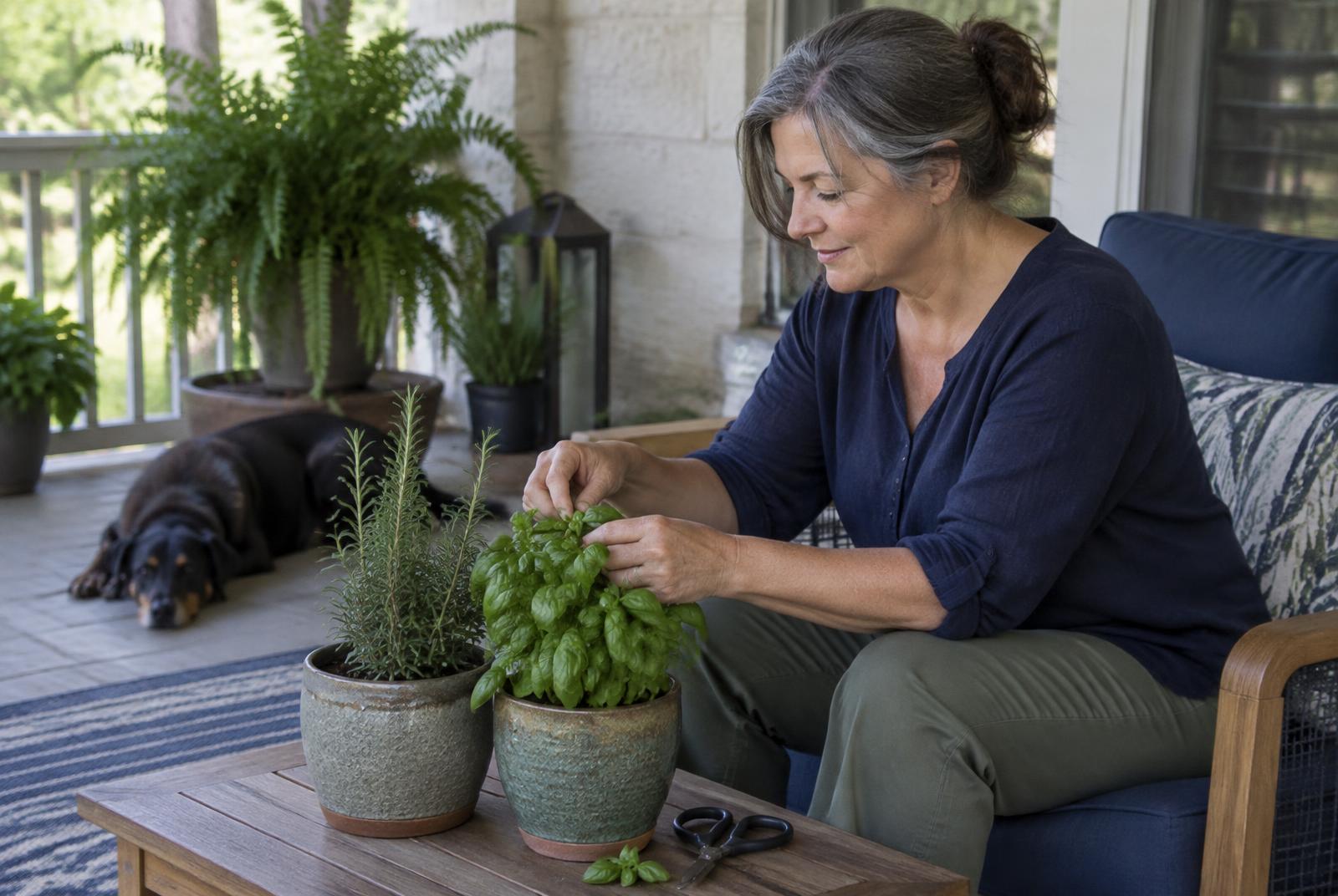 An adult tending potted herbs on a shaded porch with a cushion behind their back