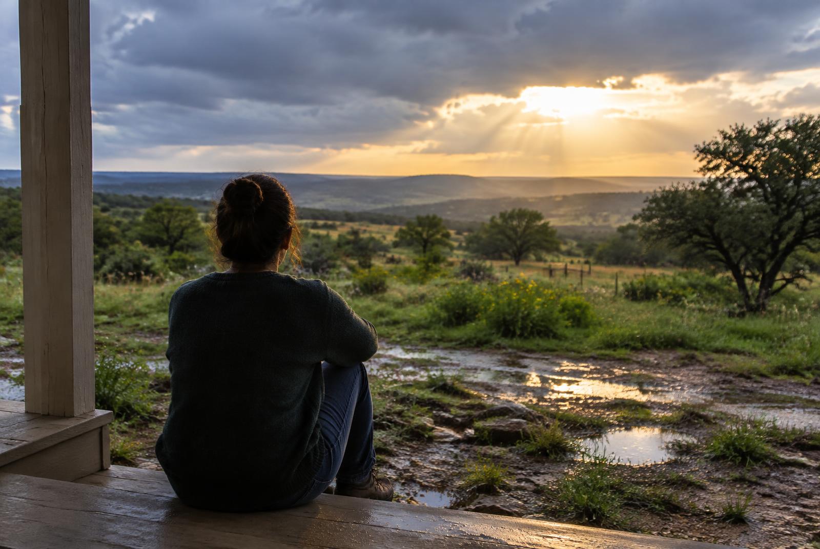 An adult sitting on a porch step after rain as sunlight breaks through the clouds