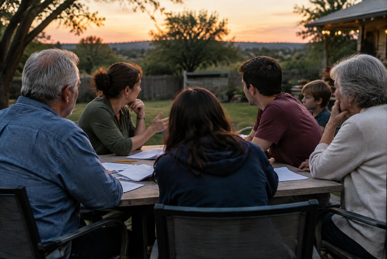 A multigenerational family talking around an outdoor table at dusk