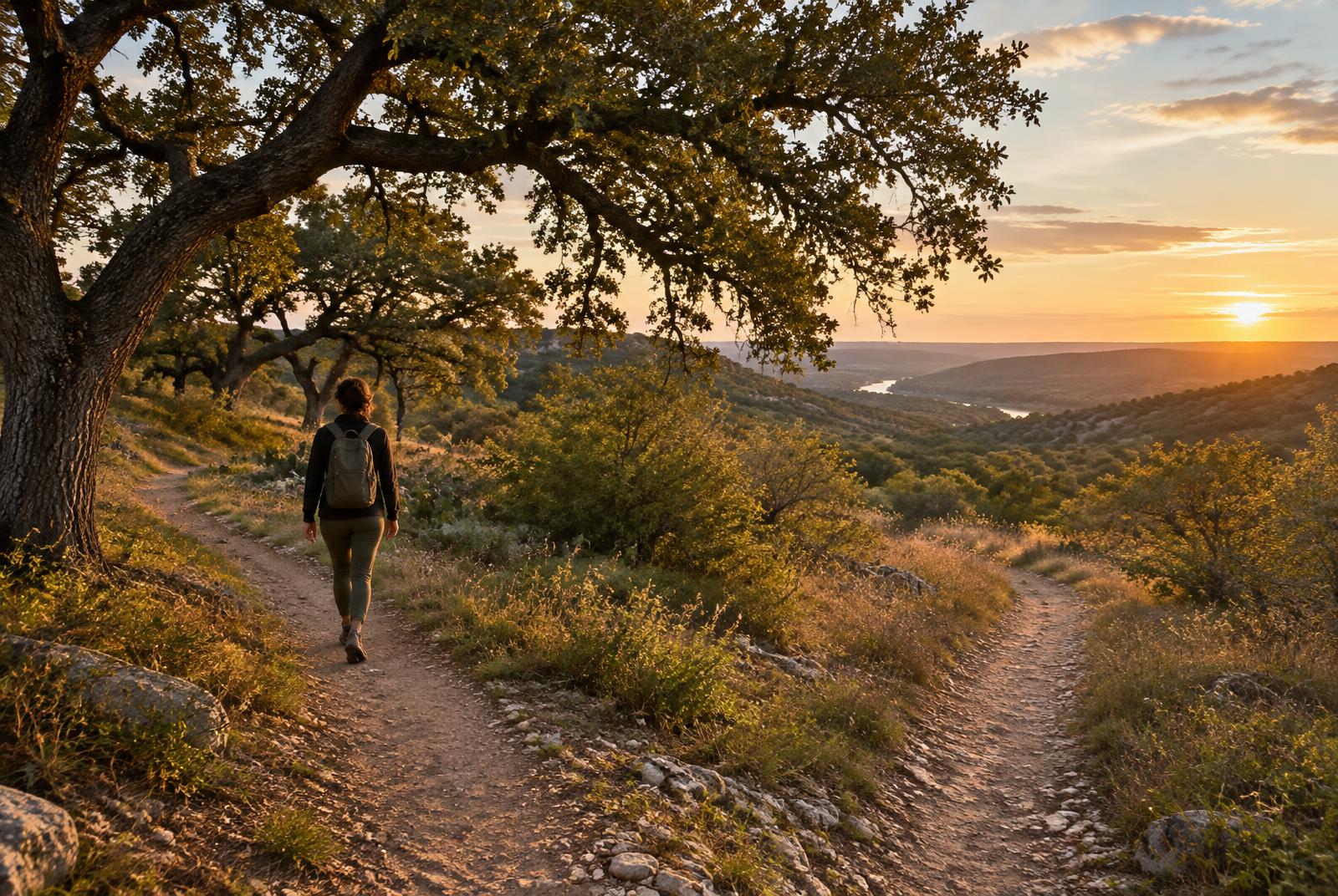 An adult walking along a branching Hill Country trail beneath live oak trees at sunset