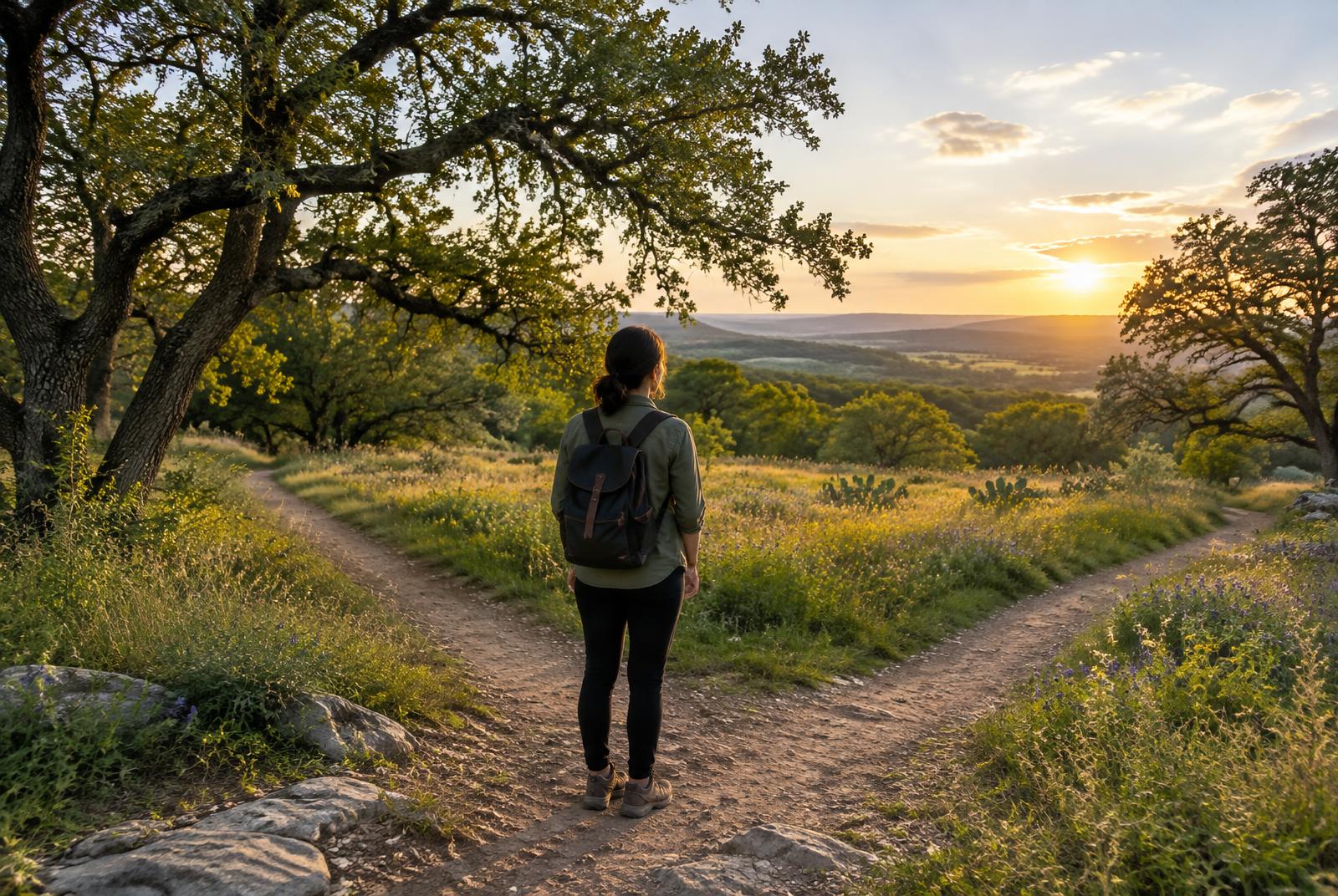 An adult pausing where two Hill Country paths meet at sunset