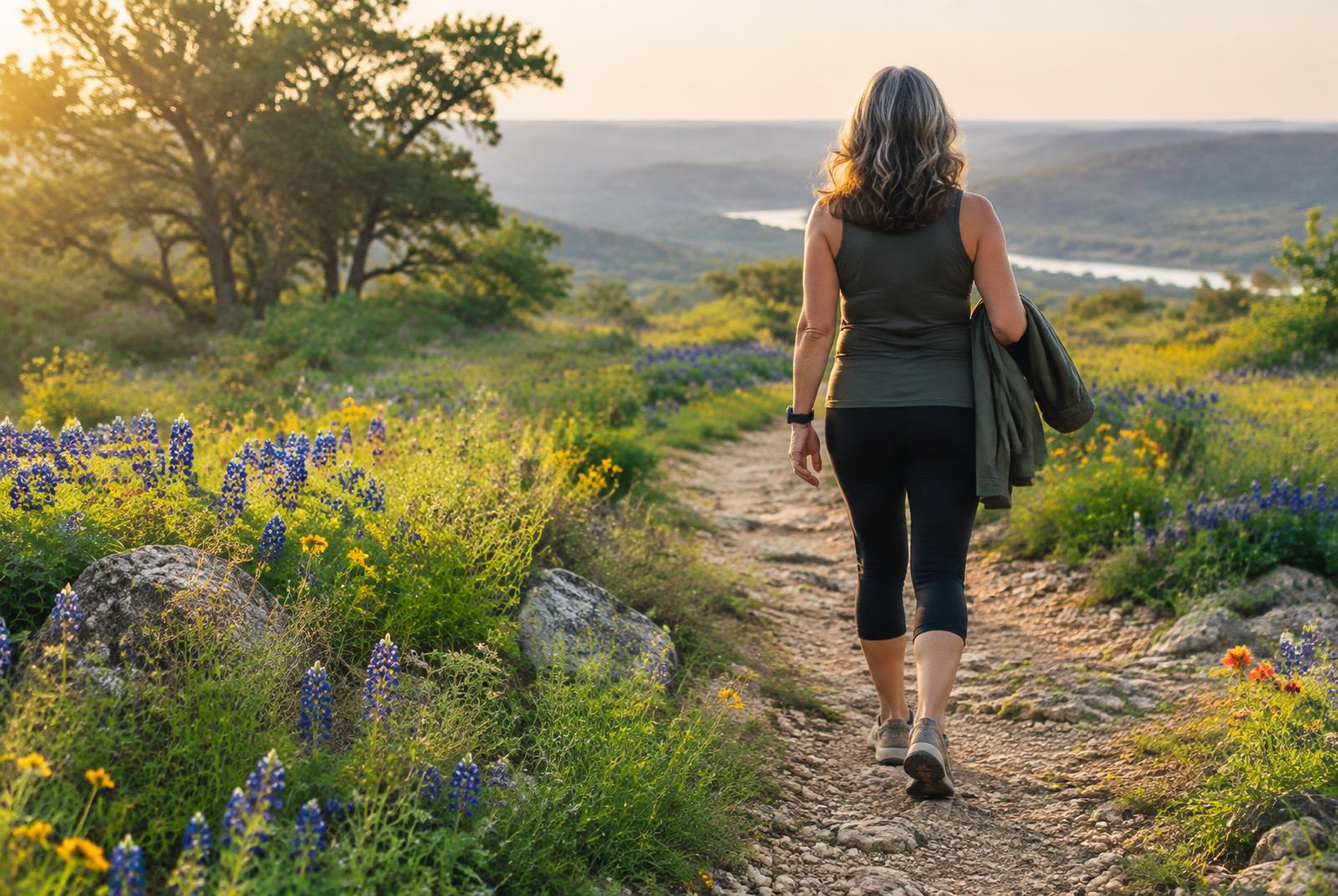 A midlife woman walking along a Hill Country wildflower trail in morning light