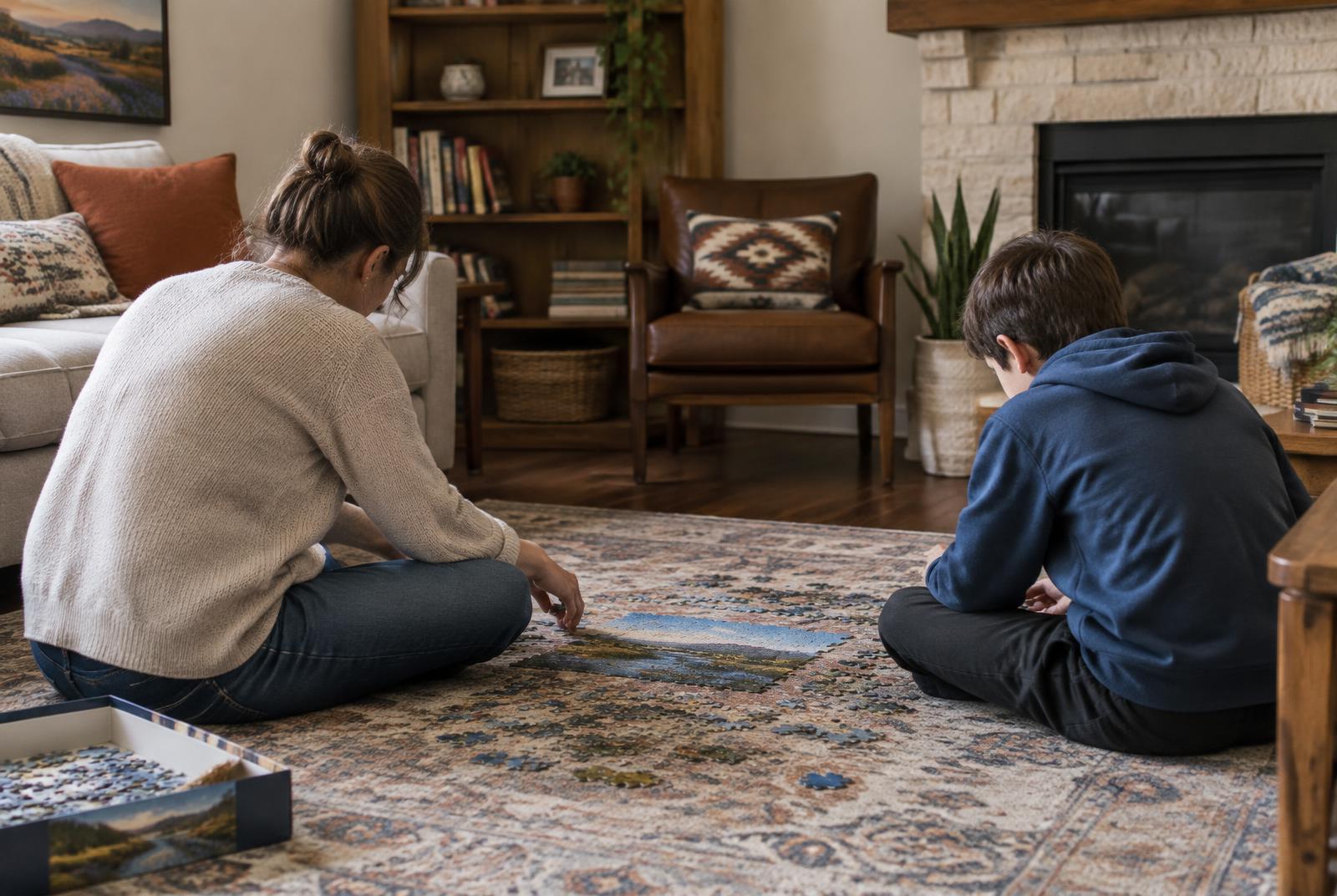 A parent and child working on a large puzzle together on a living room rug