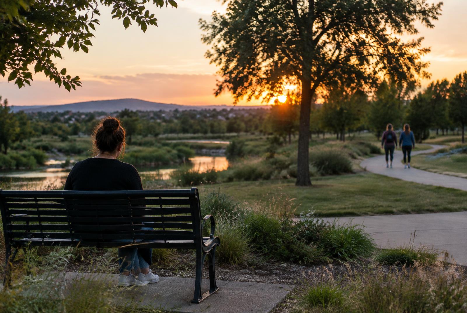 An adult sitting on a park bench while two people walk on a distant path