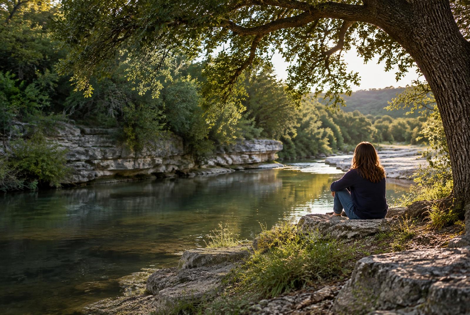 An adult sitting beneath a live oak beside a clear Central Texas creek in warm evening light