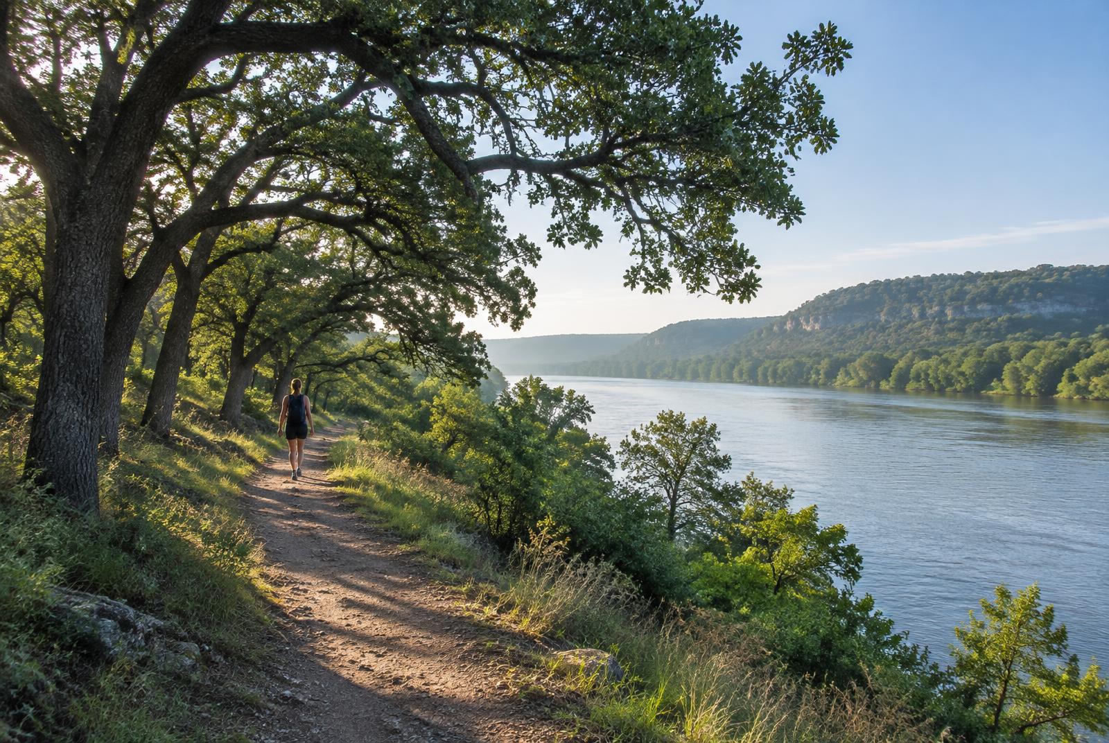 Person walking away on a trail beside a Texas river