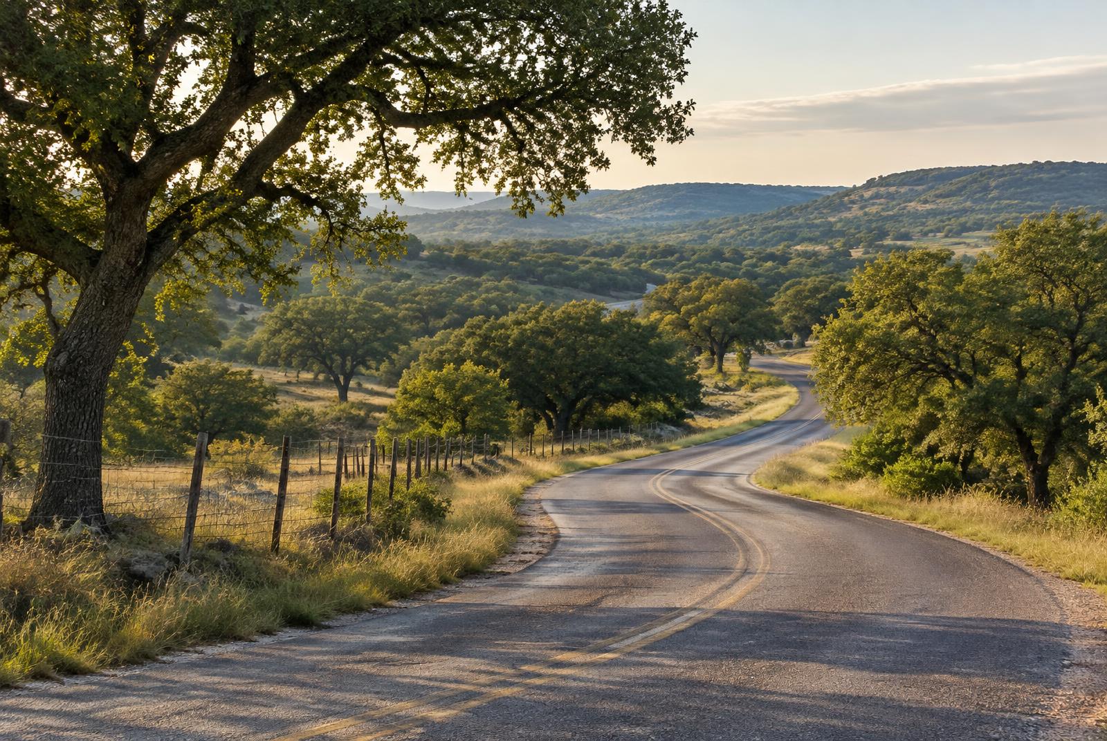 Quiet winding road through oak-covered Texas hills