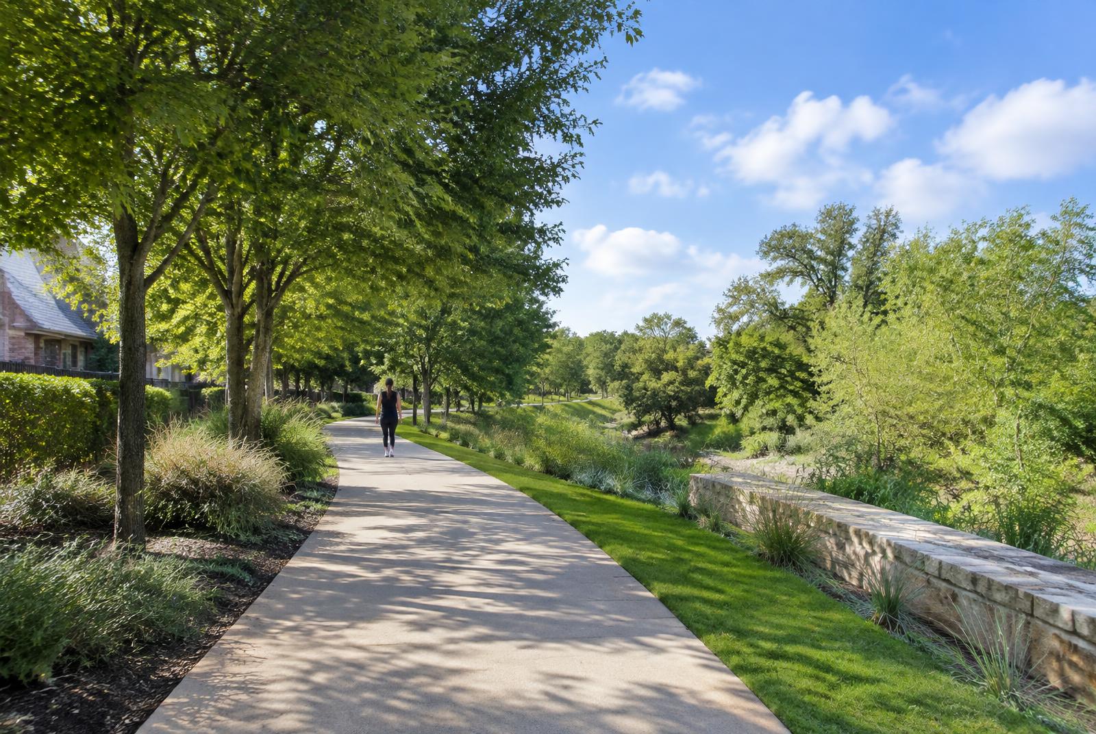 Person walking away on a leafy neighborhood trail
