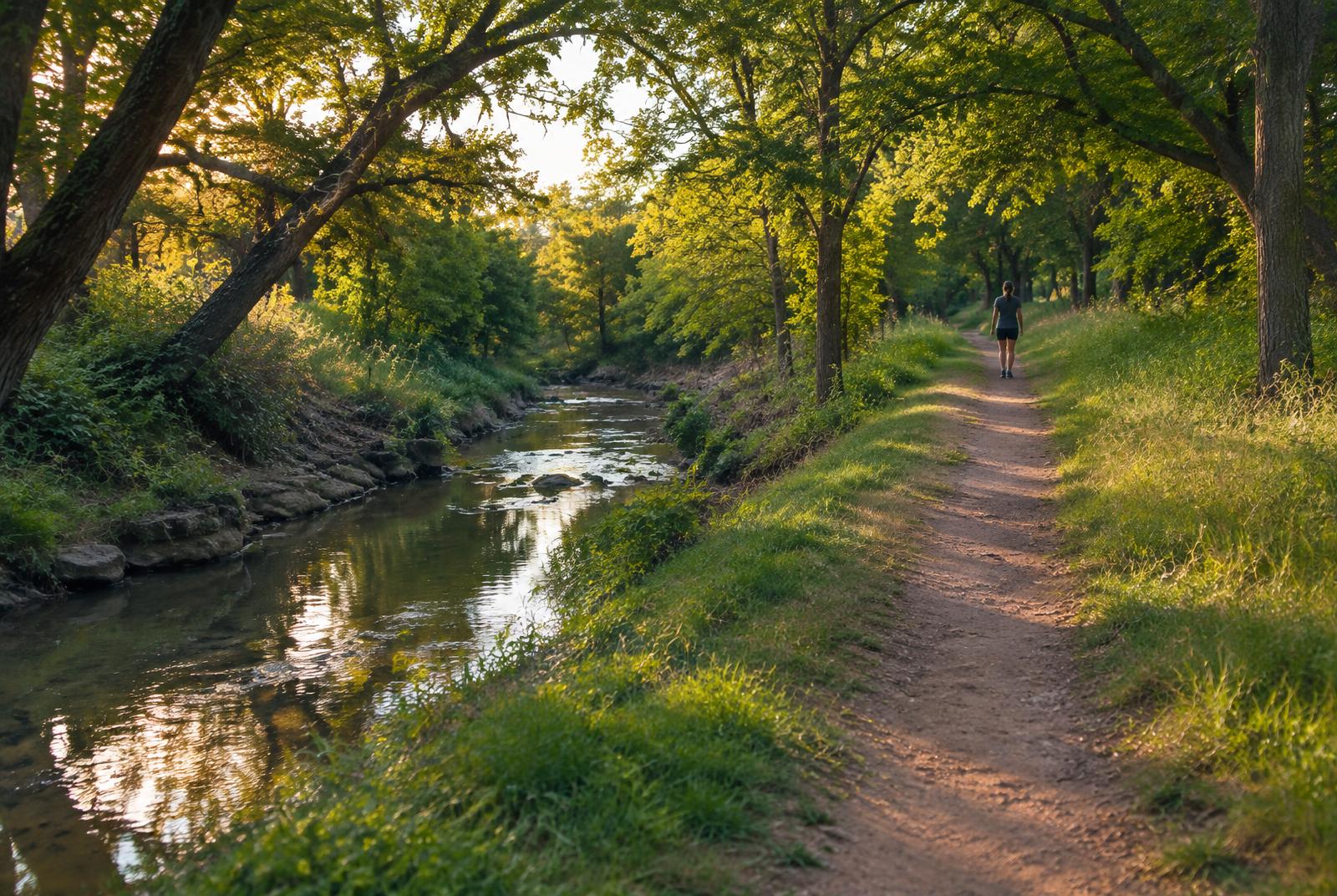 Person walking away beside a tree-lined creek