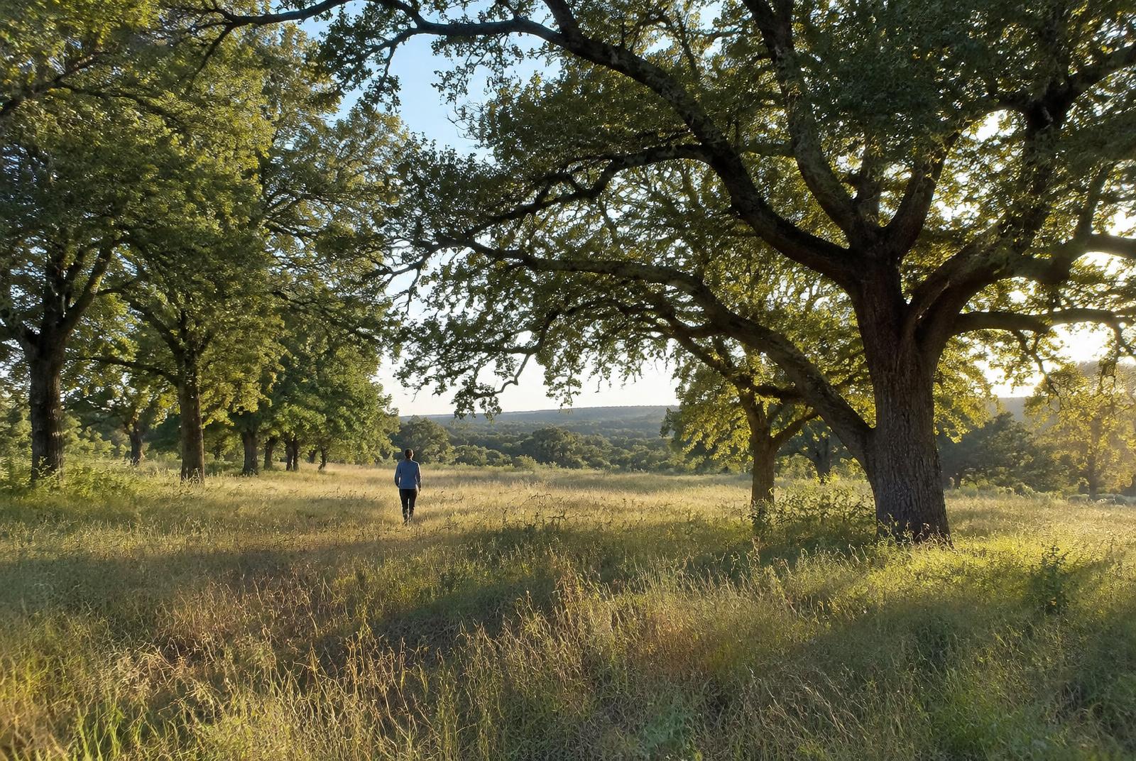 Person walking away across a sunlit oak meadow