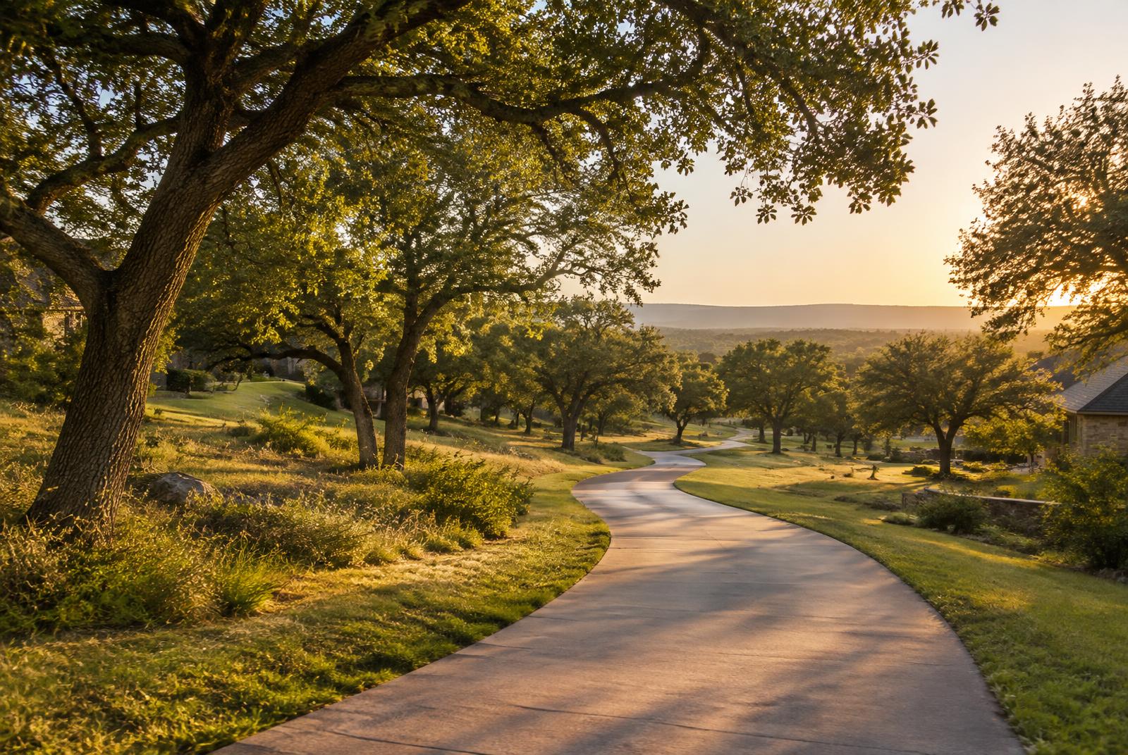 Sunlit path among live oaks in Central Texas