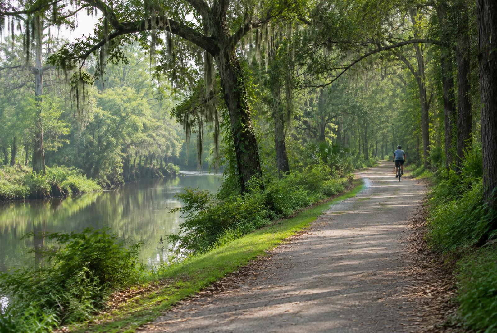 Person cycling away on a lush wooded trail