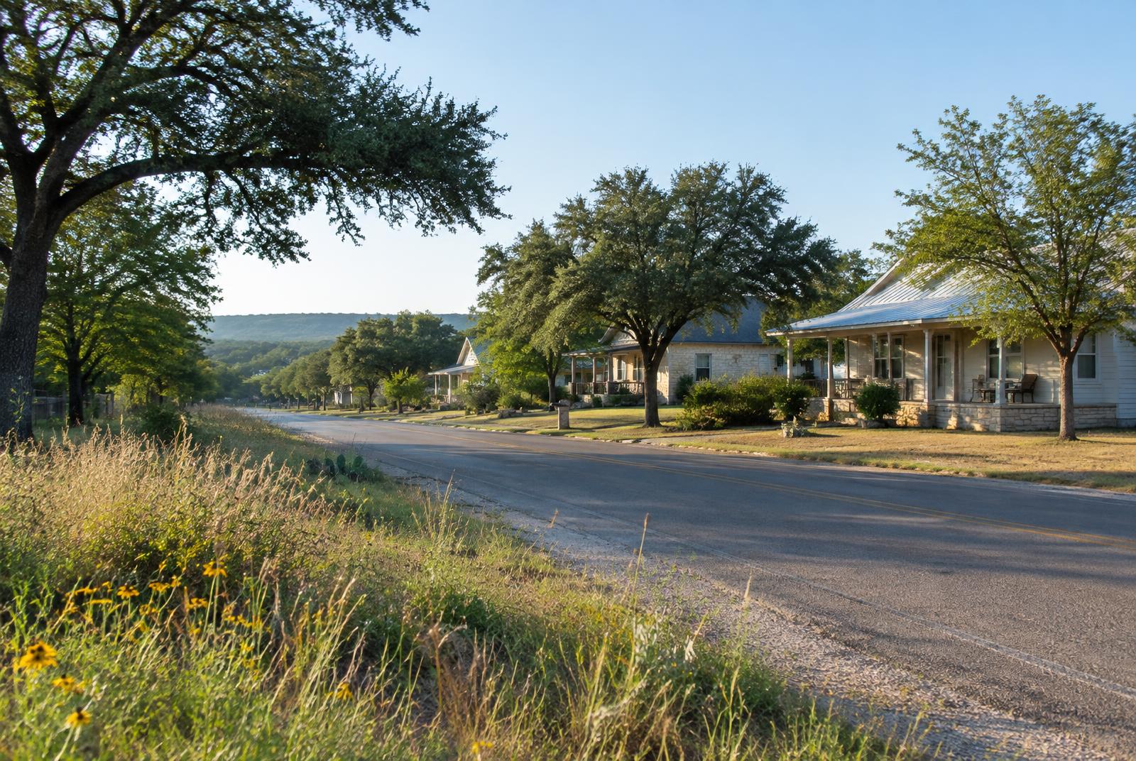 Small Texas residential street with trees and wild grasses