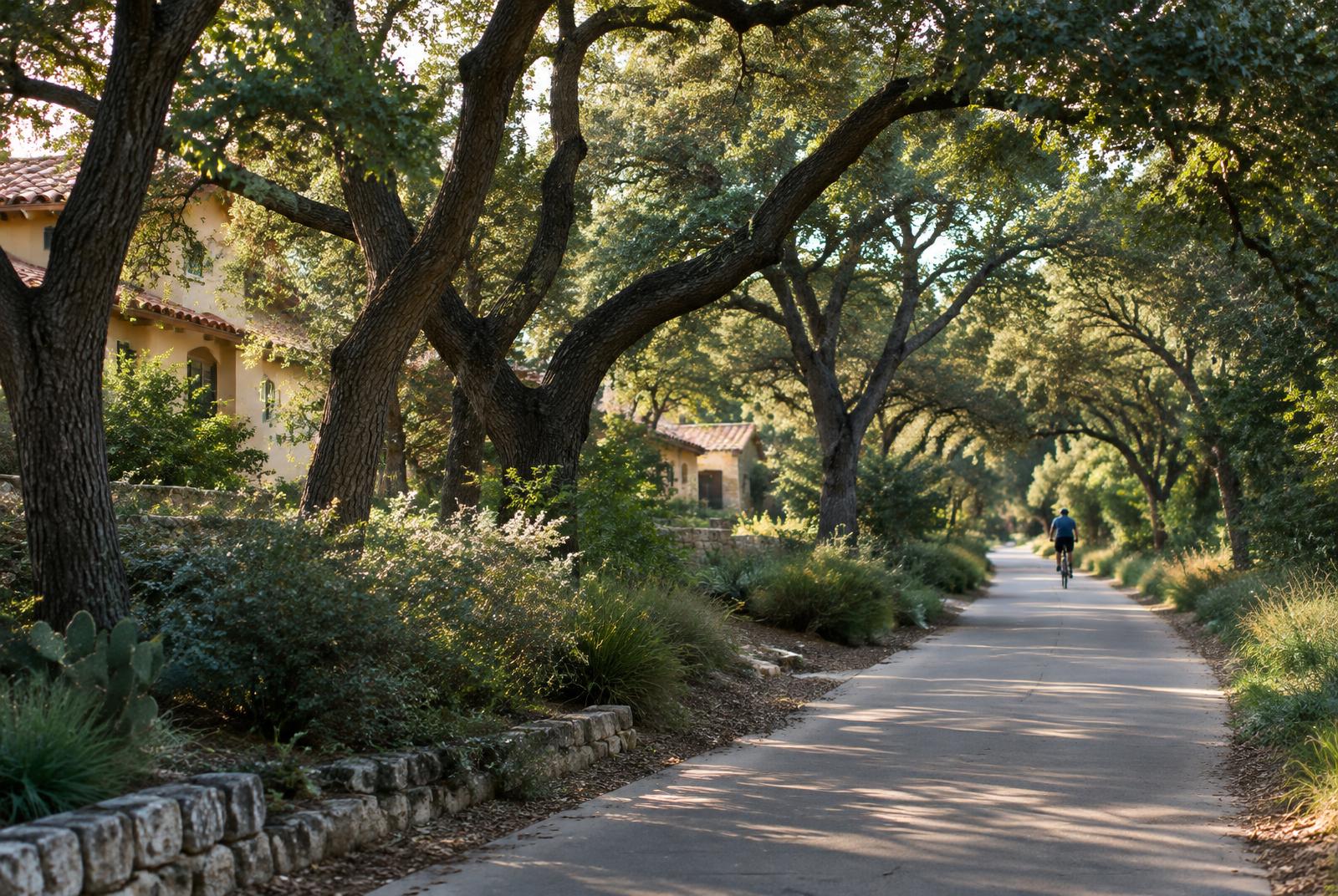 Person cycling away along a shaded Texas path