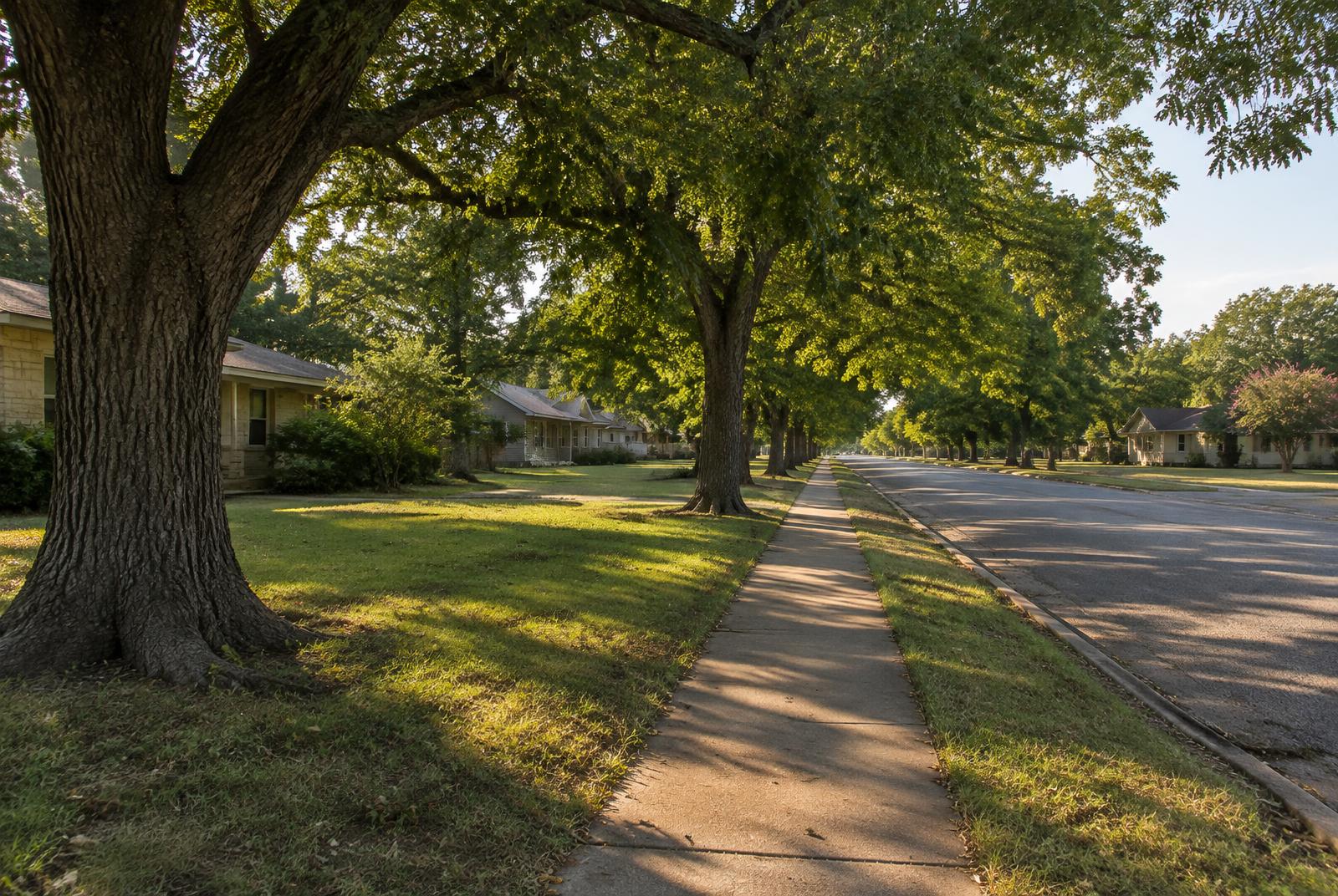 Tree-lined sidewalk in a Central Texas neighborhood