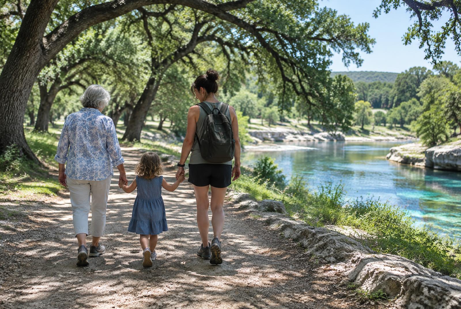 Three generations walking along a shaded creek trail