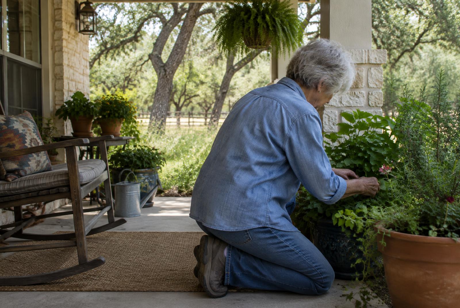 An older adult tending plants on a shaded porch