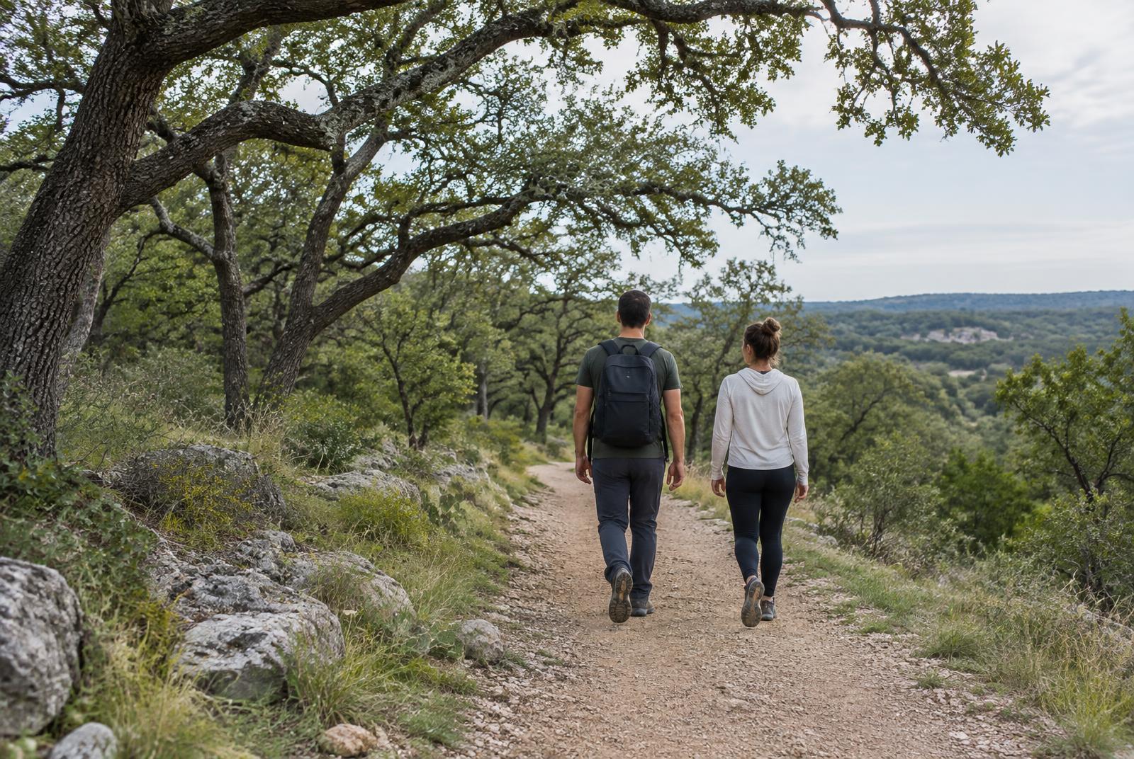 Two adults walking away on a trail beneath oak trees