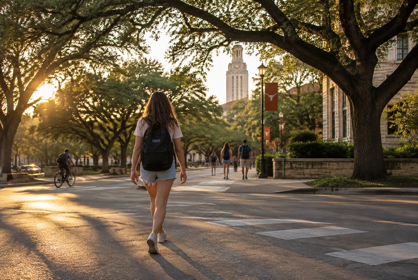 A young adult walking down a tree-lined Texas street